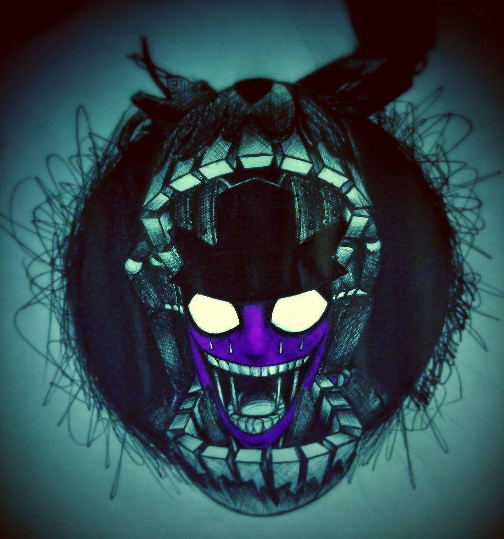 FNAF紫色角色鋼筆藝術 壁紙 — 一個帶有發光白色眼睛和鋸齒狀牙齒的可怕紫色面孔，從青綠色背景上混亂的黑色塗鴉中浮現。