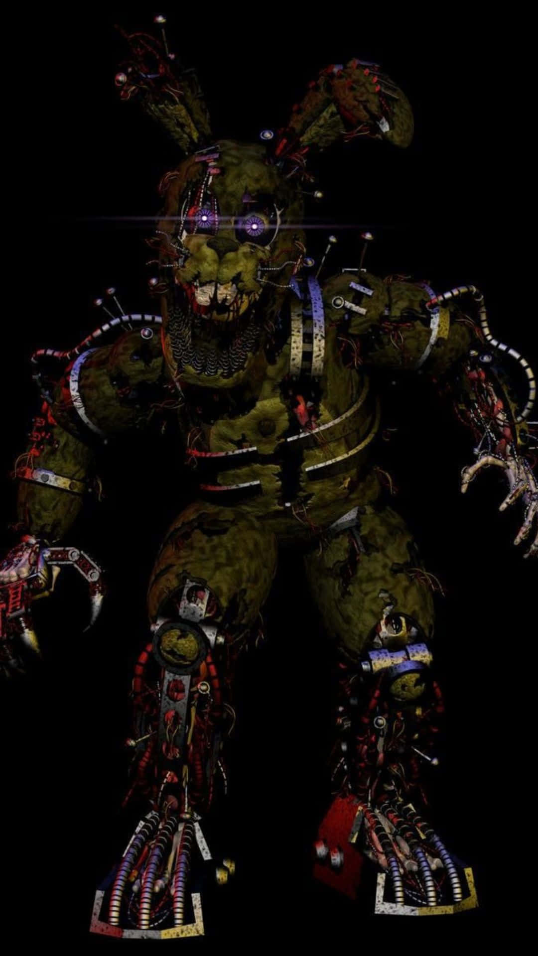 FNAF經典恐怖壁紙 壁紙 — 一隻帶有發光紫色眼睛和裸露電線的威脅性綠色電子兔，站在黑色背景前。
