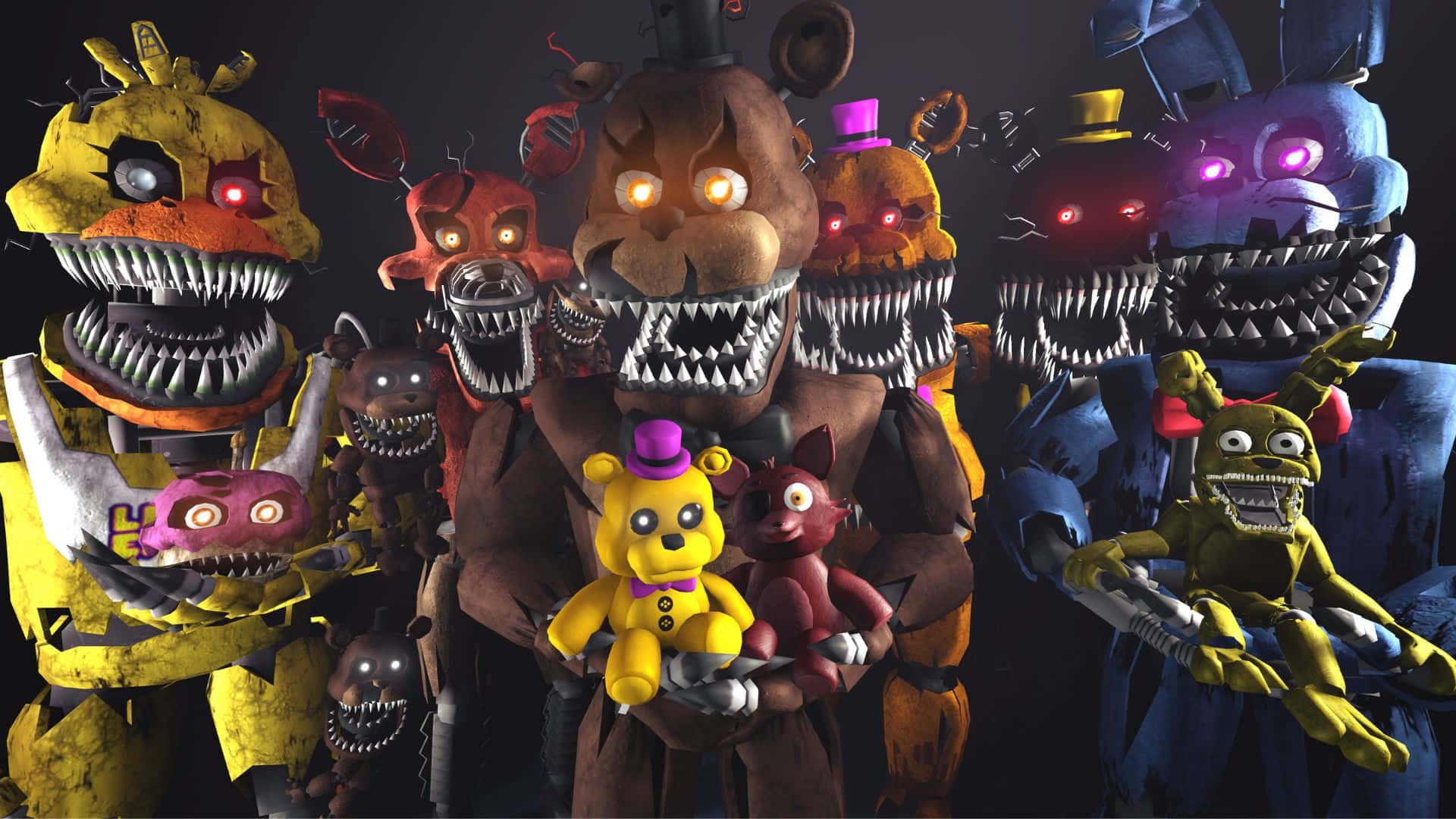FNAF角色驚悚對決 壁紙 — 巨大的威脅性電子動畫，發光的眼睛和鋒利的牙齒，在黑暗的環境中籠罩著較小的自己版本。