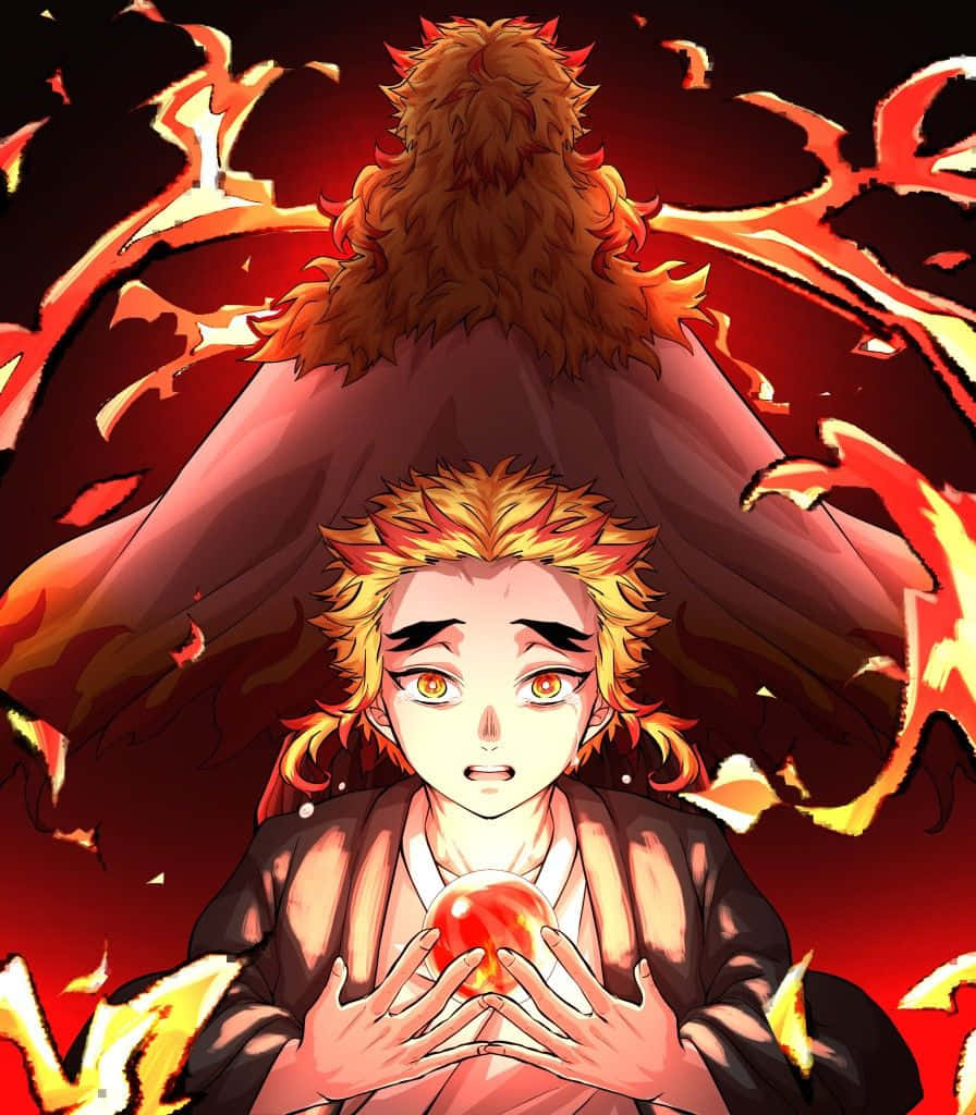  壁紙 — 一個火紅頭髮的動漫男孩手持發光的紅色球體，身後一個巨大的火焰頭髮惡魔在暗紅色背景中若隱若現。