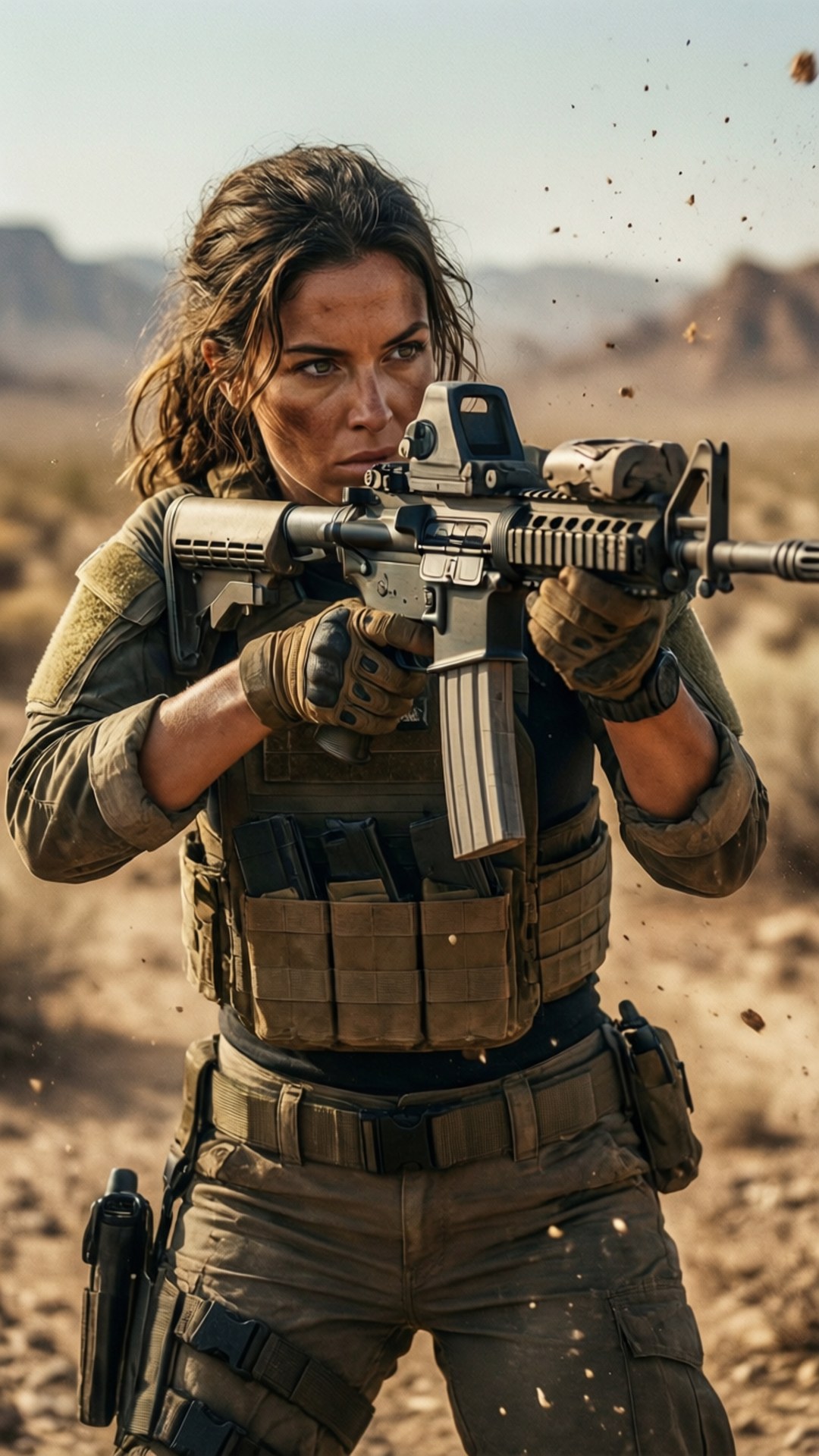 女兵在沙漠戰場上開槍射擊，沙塵飛揚。
