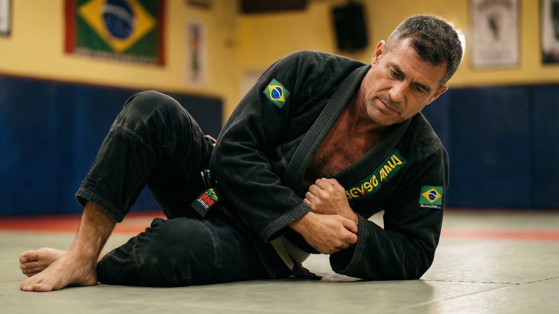 BJJ Master 壁紙 — 一個專注的中年男人，穿著黑色巴西柔術道服，坐在健身房的墊子上，用力抓住自己的手臂。
