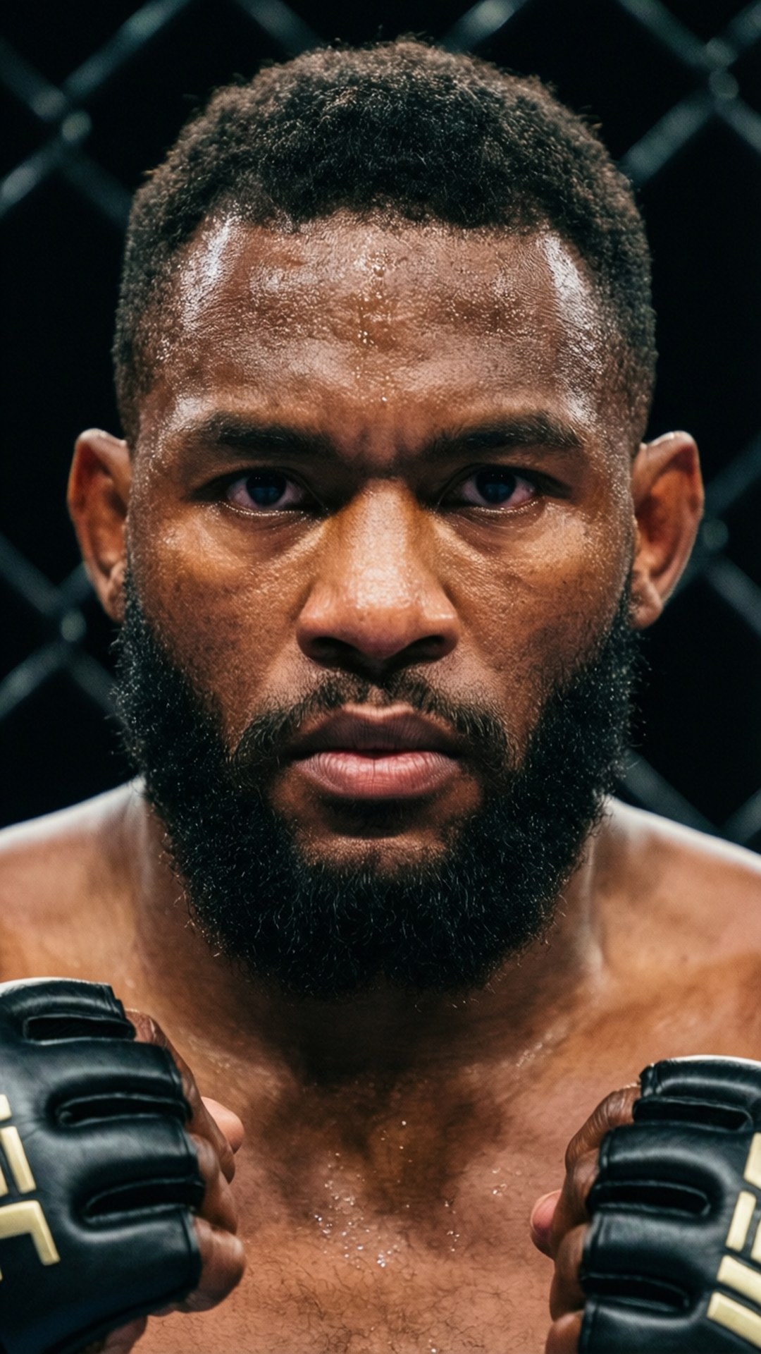 Focused Warrior 壁紙 — 一個汗流浹背、意志堅定的混合武術選手在八角籠內凝視著鏡頭。