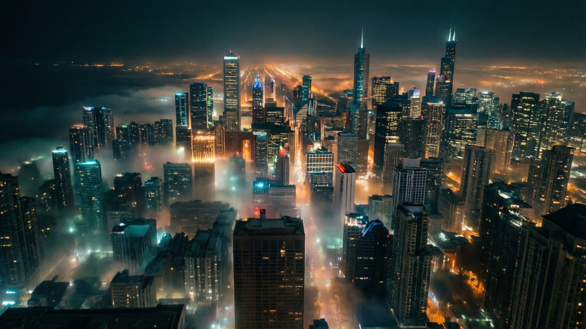 夜晚的城市天際線，高樓從霧中浮現，路燈閃爍。