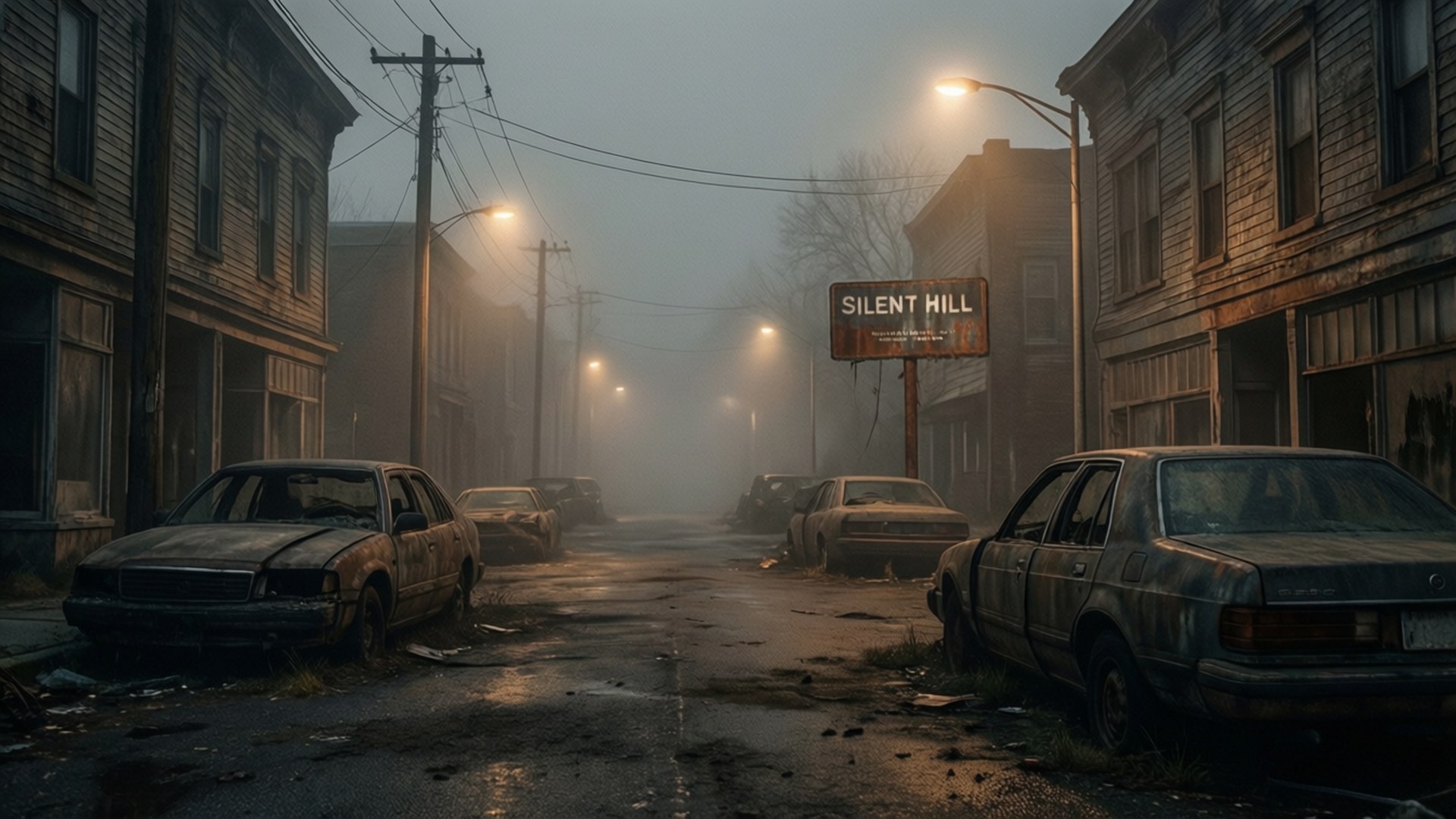 廢棄街道，霧氣瀰漫，帶有「Silent Hill」標誌，周圍是生鏽汽車和破舊建築。