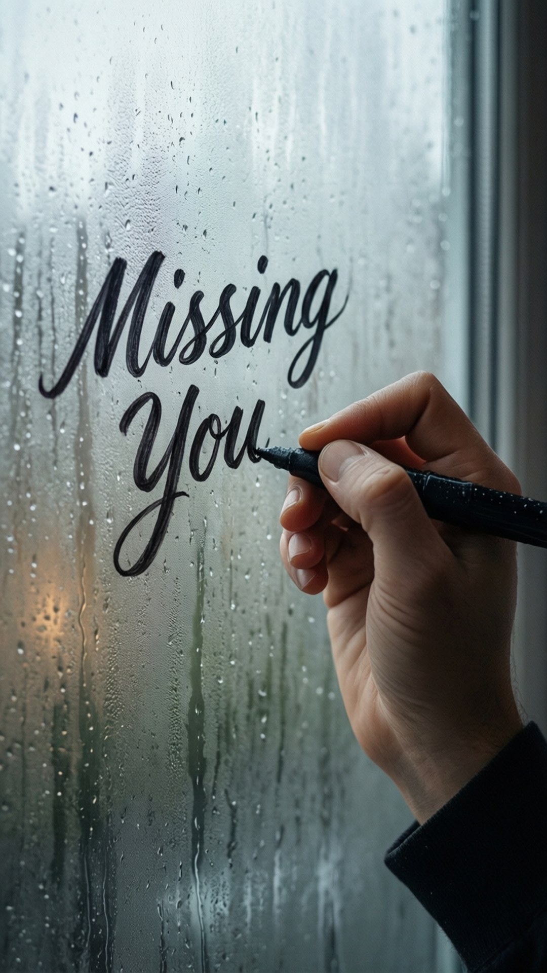 手在雨窗上用黑色記號筆寫「Missing You」