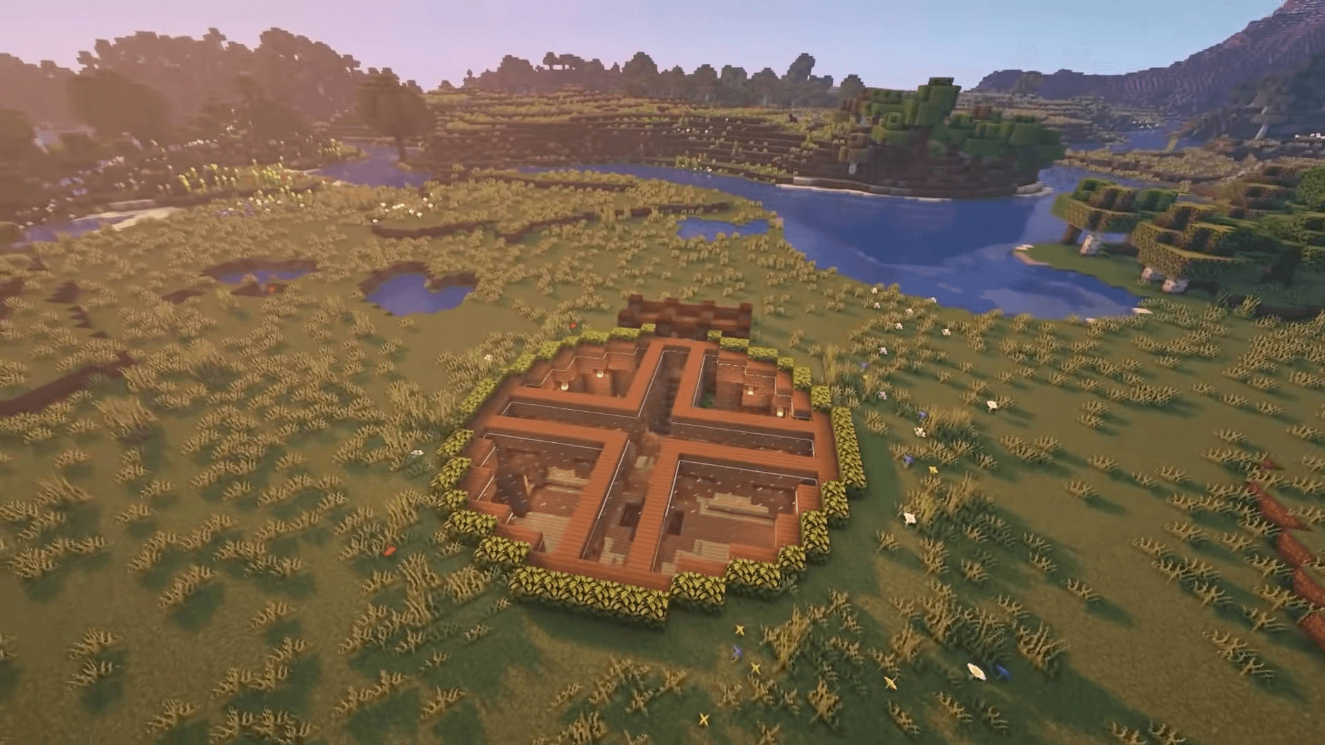 Minecraft村莊，陶土房屋，河邊，日落