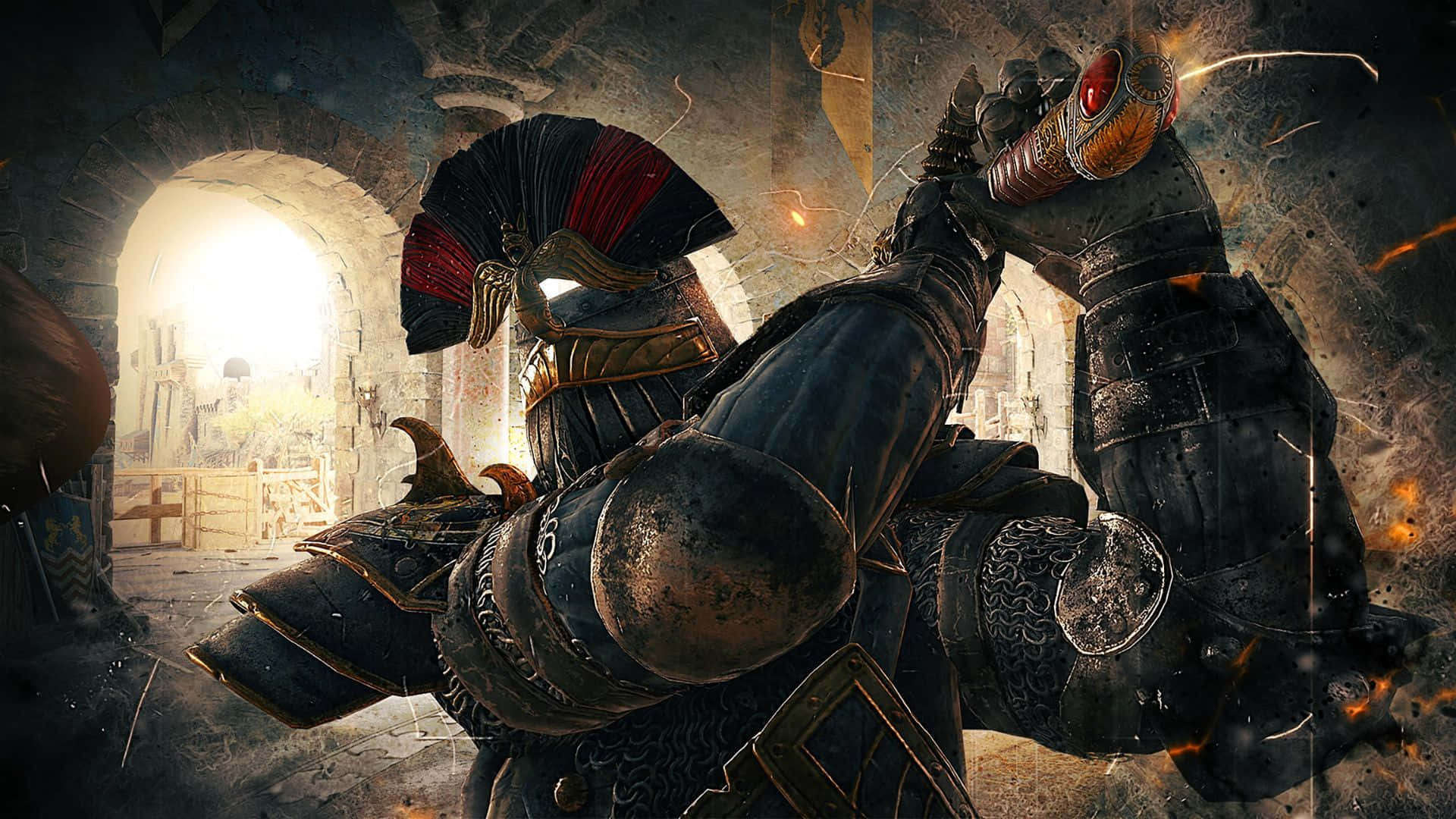 《For Honor》1080p 背景：守衛戰士 壁紙 — 一名身穿華麗暗色盔甲、配有紅黑羽毛裝飾的重甲騎士，在 crumbling 的石拱門中向前衝鋒，背後有明亮的光線。