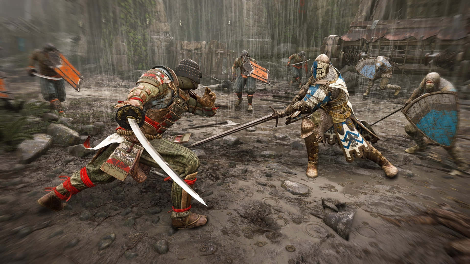 《For Honor》1080p 背景：武士對決騎士 壁紙 — 兩名身穿盔甲的戰士在泥濘的雨淋戰場上交鋒，周圍還有其他人在戰鬥。