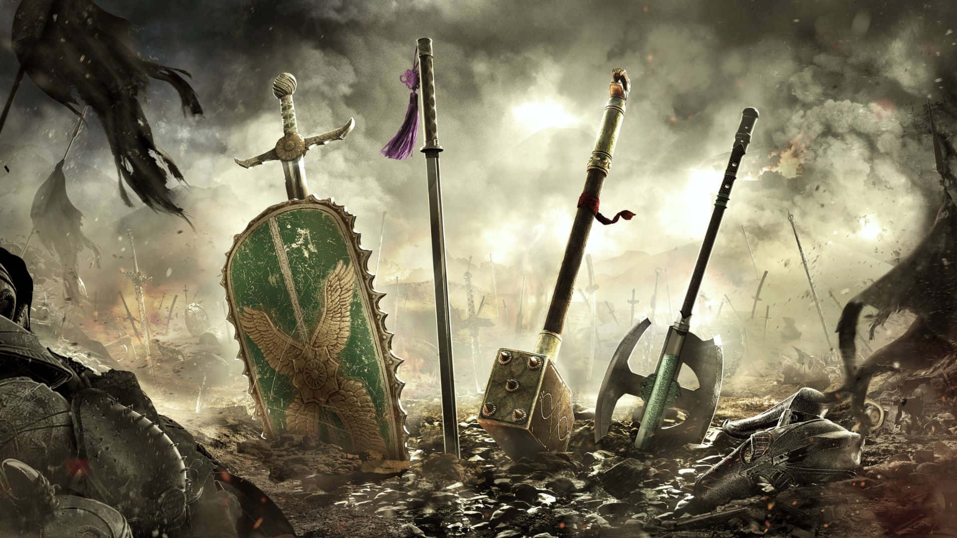 《For Honor》1080p 背景：不同派系武器 壁紙 — 戰場殘骸，劍、盾牌和斧頭矗立在泥濘廢墟中，天空風暴密佈。