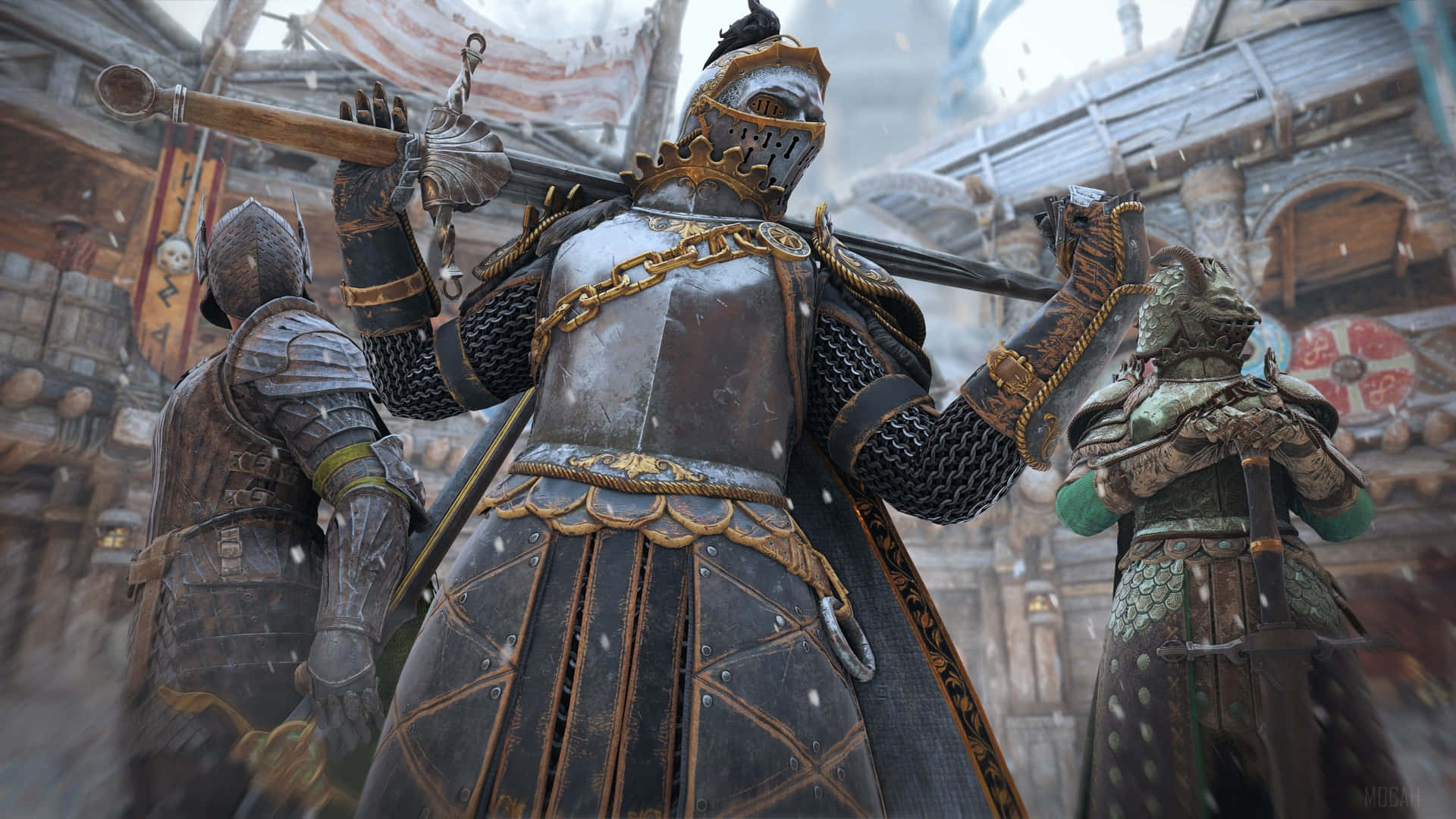 《For Honor》1080p 背景：雪中騎士 壁紙 — 三名身穿華麗中世紀裝備的裝甲騎士，在質樸的村莊廣場上莊嚴地站在飄雪中。