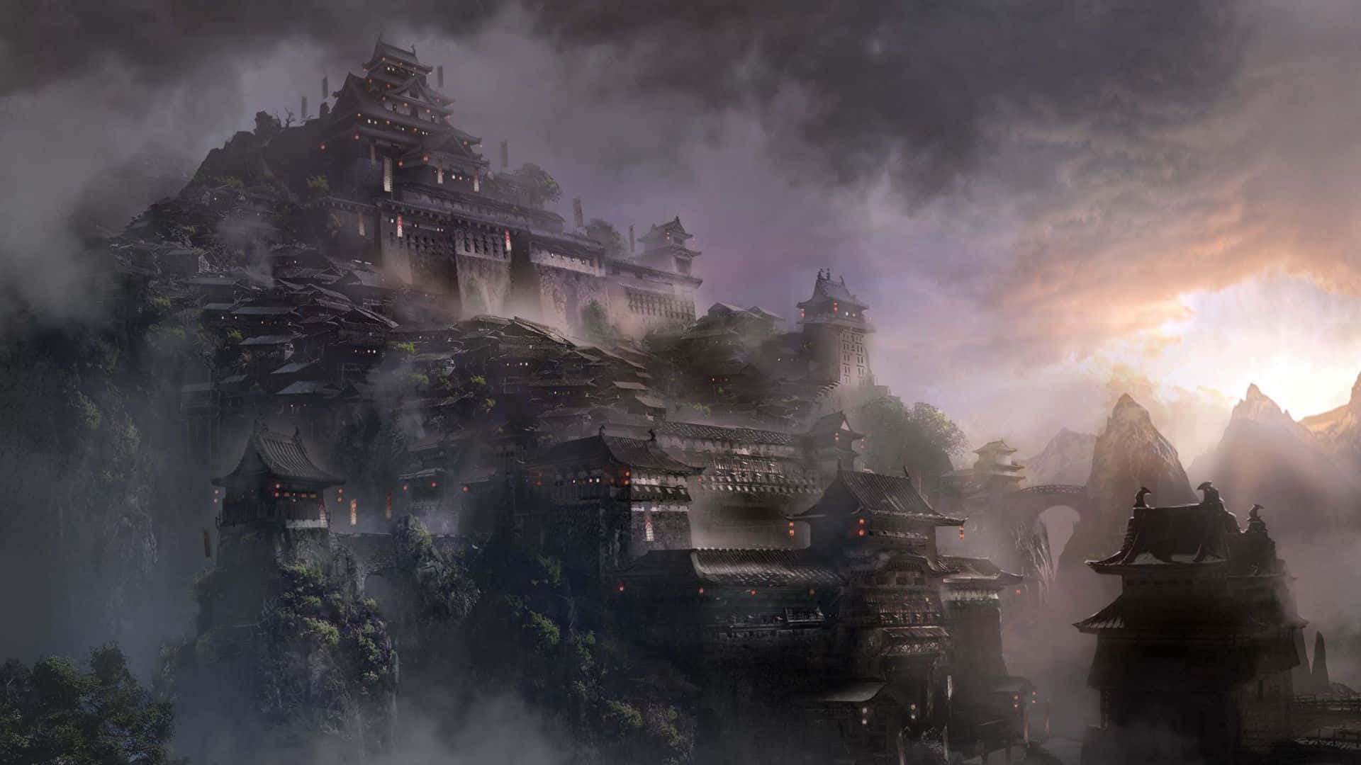 《For Honor》1080p 背景：武士城堡畫作 壁紙 — 一座霧氣繚繞的山中堡壘，古老的寶塔式建築在風暴黃昏的天空下緊貼懸崖。