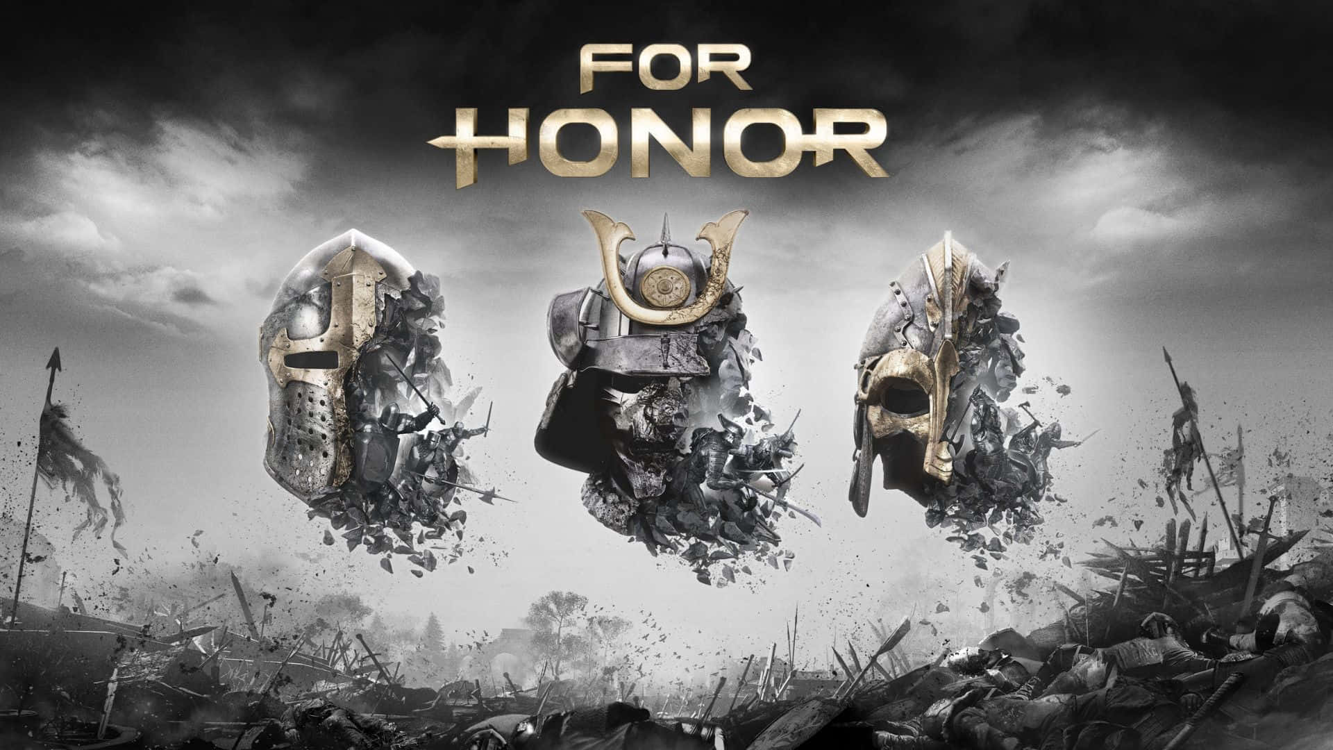 《For Honor》1080p 背景：不同頭盔漸變 壁紙 — 三個破碎嘅戰士頭盔喺暴風雨天空下，漂浮喺一個佈滿折斷長矛同盔甲嘅戰場之上。
