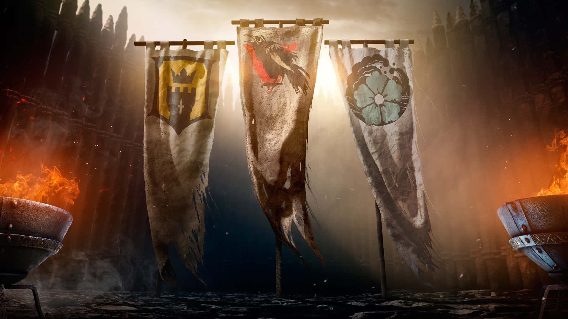 《For Honor》1080p 背景：三大派系旗幟 壁紙 — 三面破爛的戰旗帶有紋章符號，懸掛在黃昏時分黑暗的中世紀庭院中燃燒的火盆之間。