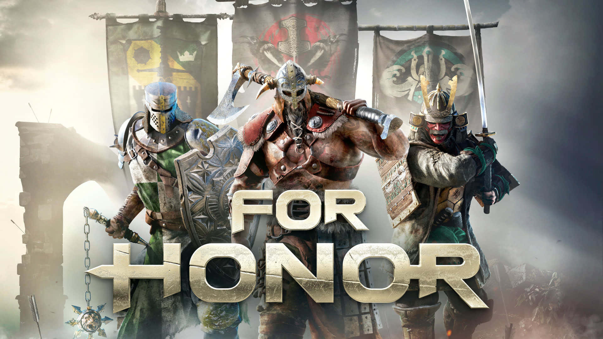 《For Honor》1080p 背景：遊戲標題海報三戰士 壁紙 — 三位來自不同文化的裝甲戰士準備在旗幟下戰鬥，旗幟上帶有發光的標題 For Honor。