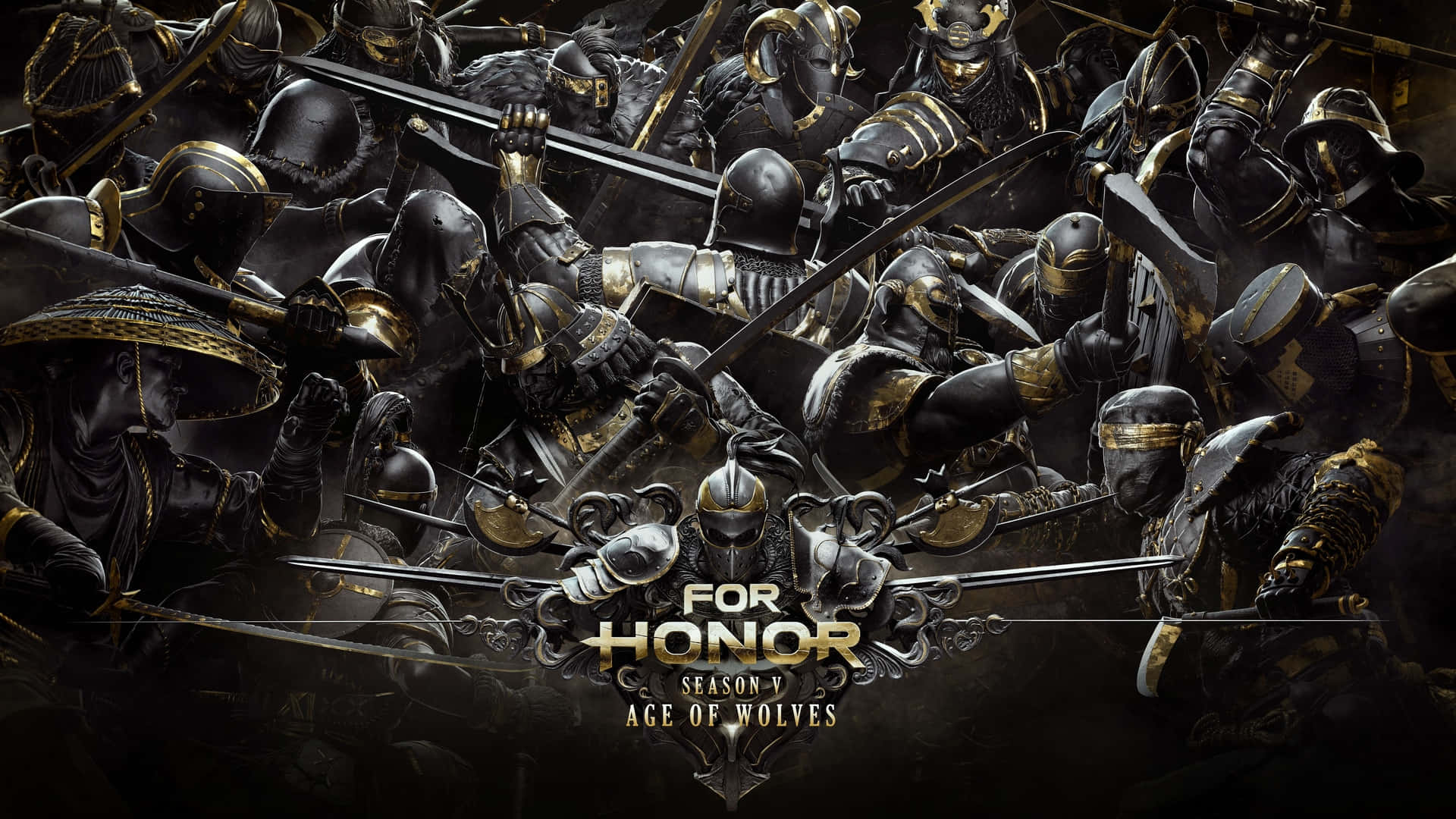 《For Honor》1080p 背景：黑金戰士海報 壁紙 — 一個密集混亂的戰鬥場景，身穿盔甲的武士戰士拔劍激烈交戰。