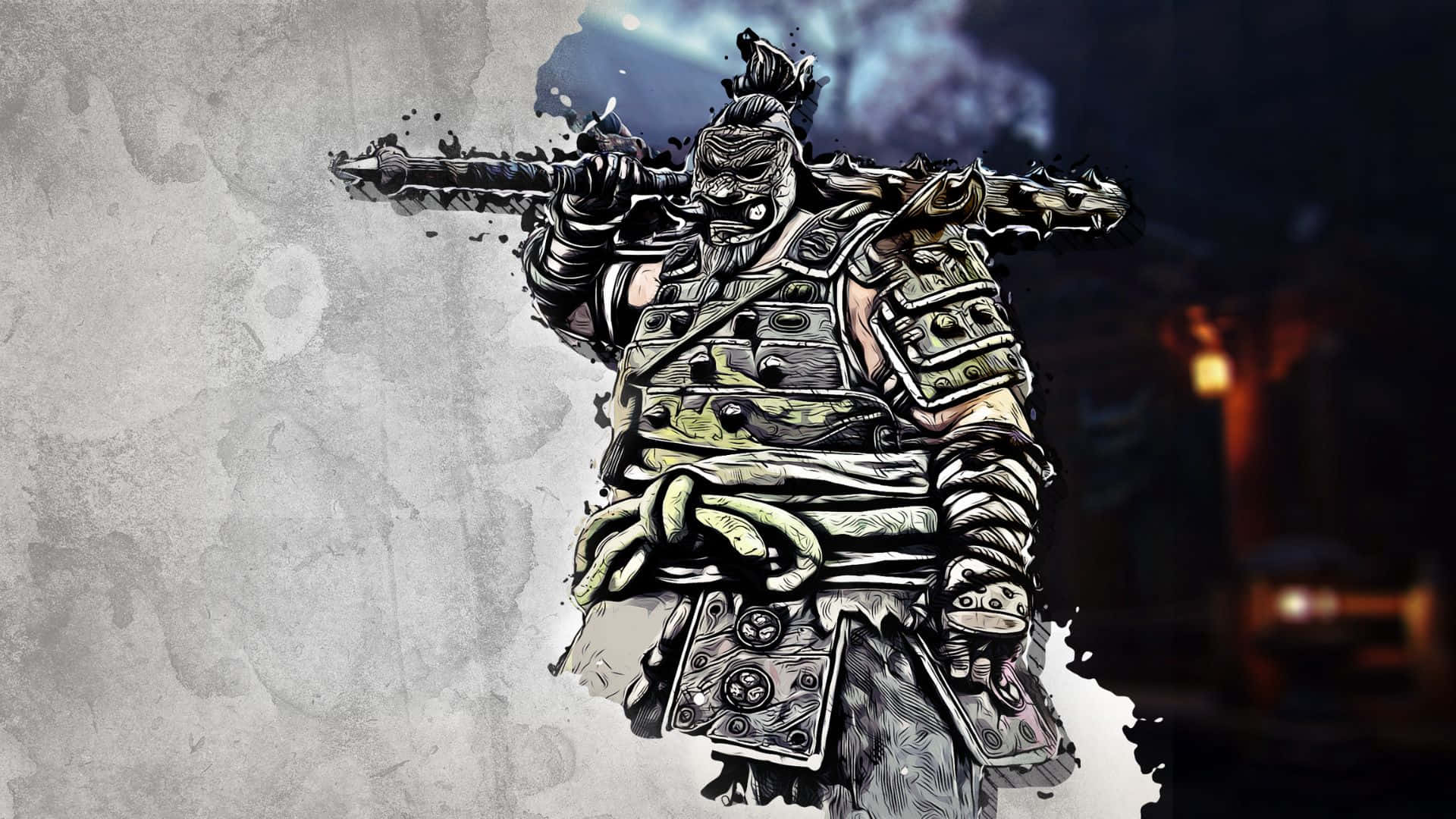 《For Honor》1080p 背景：Shugoki 畫作 壁紙 — 一位身穿華麗盔甲的風格化戰士，在粗糙紋理背景和發光環境光線下揮舞著帶刺武器。