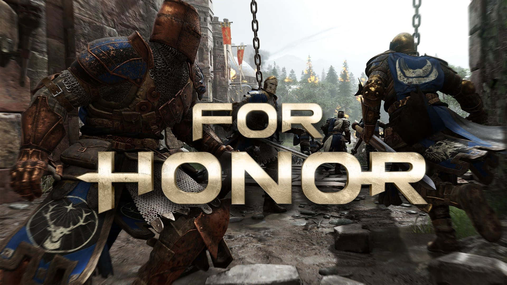 《For Honor》1080p 背景：帶鹿徽章戰士 壁紙 — 兩名身穿盔甲的戰士在中世紀的石頭庭院中交鋒，金色的「For Honor」標題閃耀著光芒。