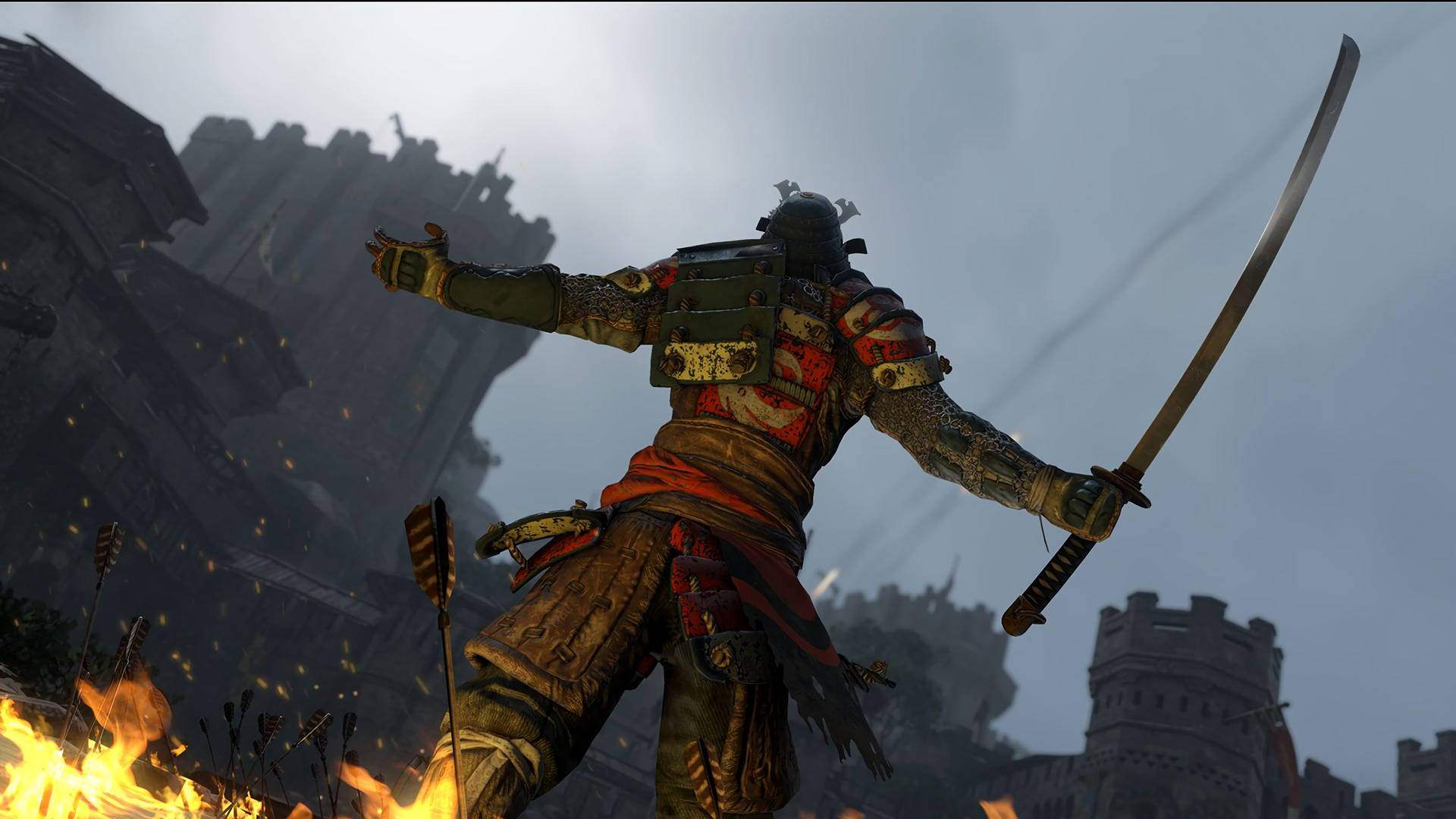 身穿戰鬥鎧甲的武士武士，在火焰和廢墟中手持武士刀。