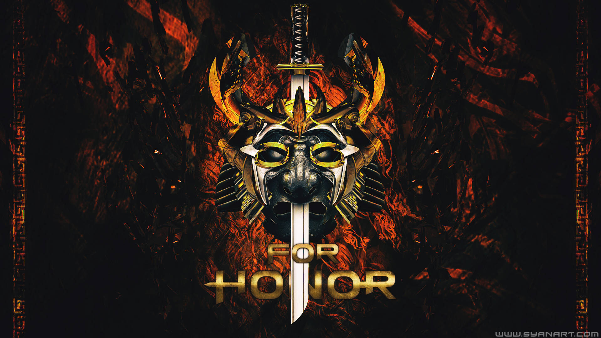 For Honor 4K 武士刀貫面罩 壁紙 — 一個被劍刺穿的金色武士面具，在帶有華麗邊框的熾熱黑暗背景中閃耀。