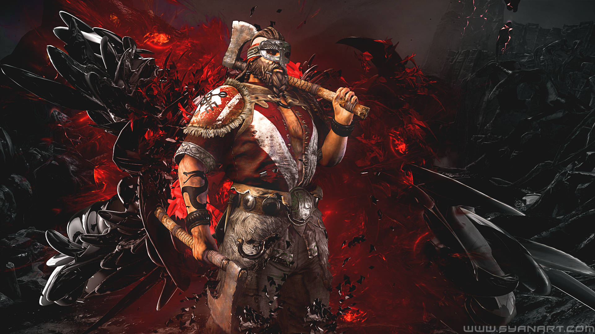 For Honor 4K 狂戰維京人 壁紙 — 一個留鬍子、戴護目鏡的肌肉戰士，在紅黑混亂的戰場上揮舞著一把巨斧。