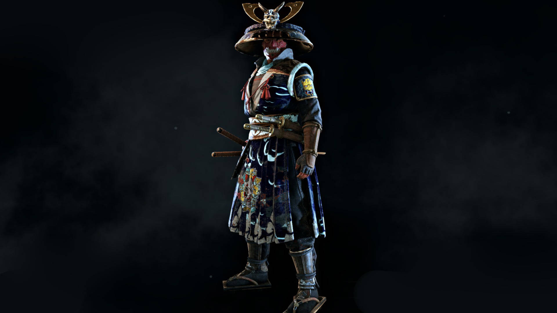身穿精細鎧甲、手持武士刀的武士戰士，背景為煙霧繚繞的黑色。