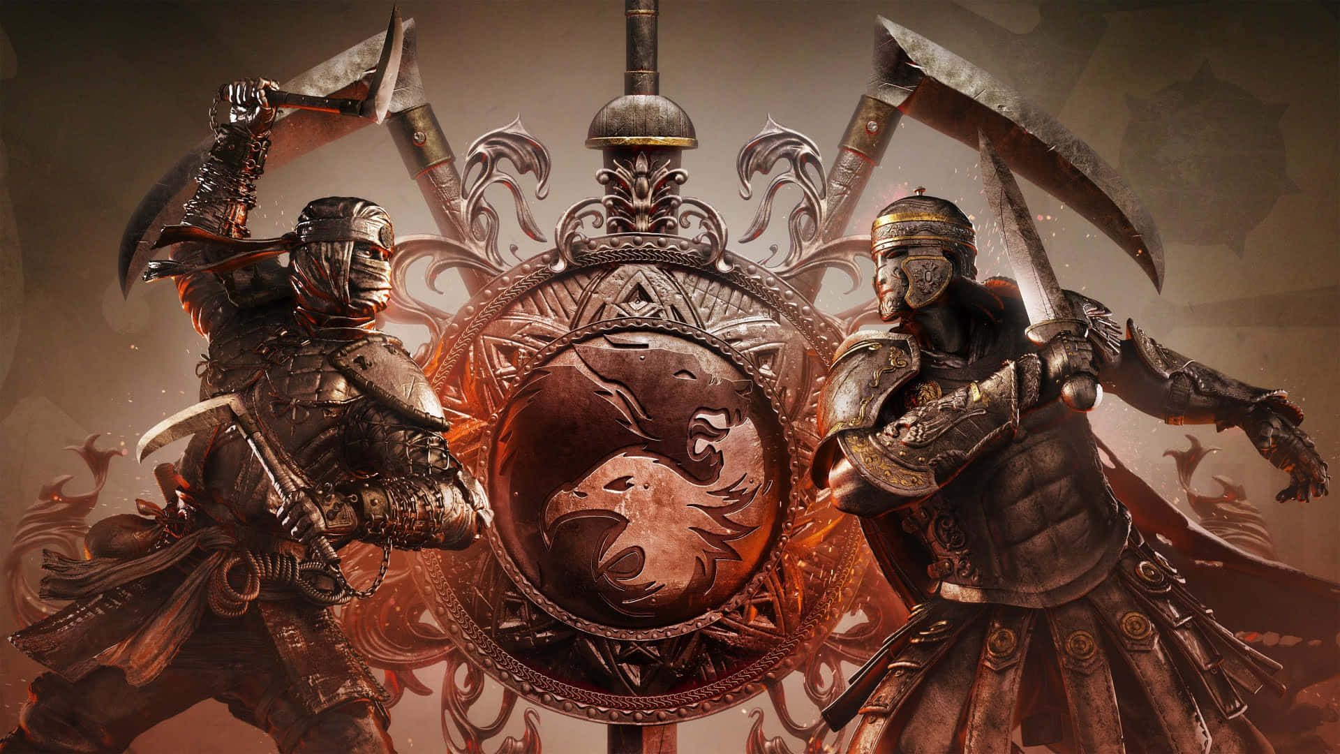 《For Honor》遊戲背景：忍者對決騎士 壁紙 — 兩名身穿盔甲的戰士揮舞戰斧，圍繞著一個中央裝飾盾牌激烈交鋒，盾牌上帶有火焰色調的獅子徽章。