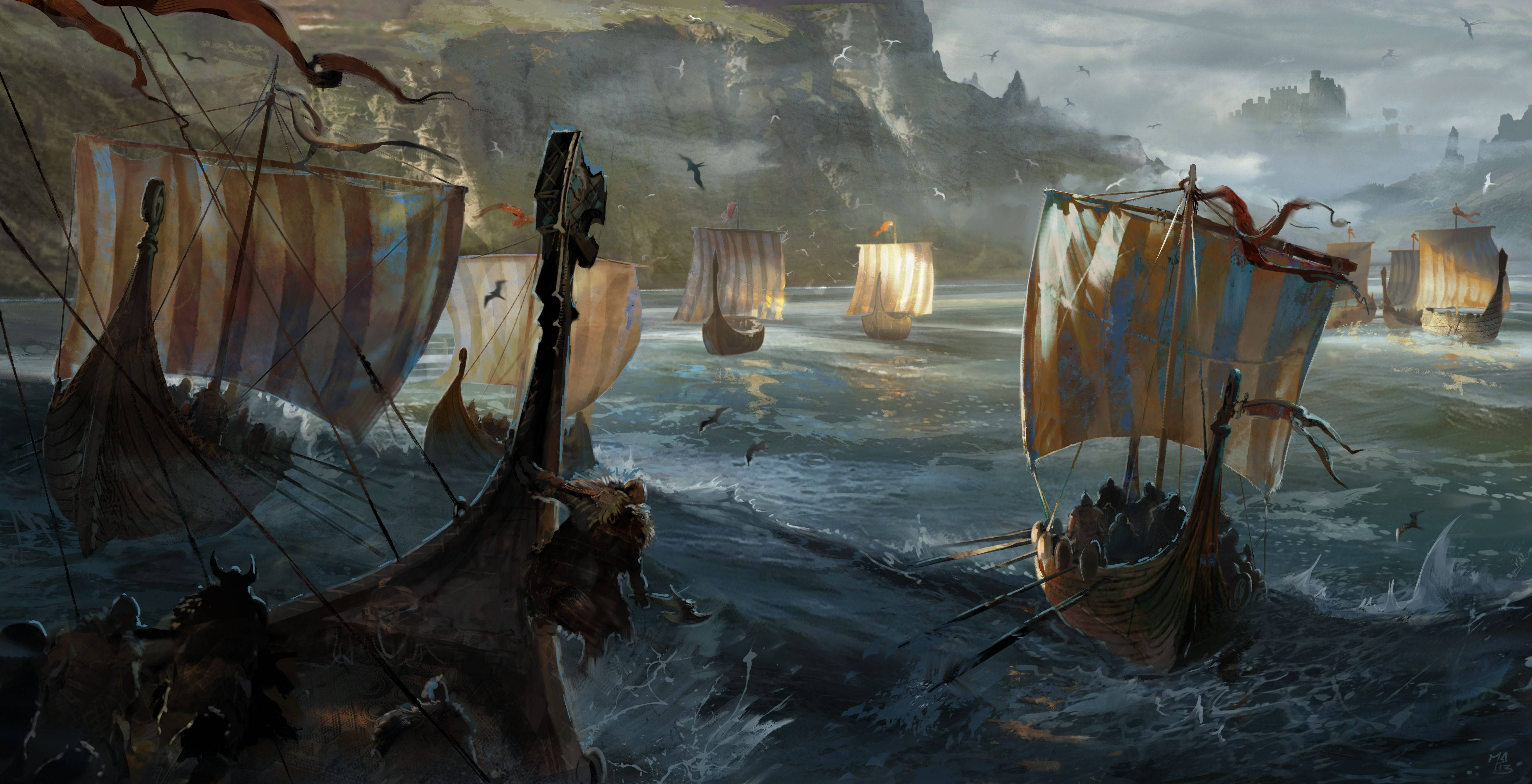 For Honor 魯格海戰船 壁紙 — 維京長船帶著條紋帆在陰沉天空下，於迷霧懸崖附近洶湧水域航行。