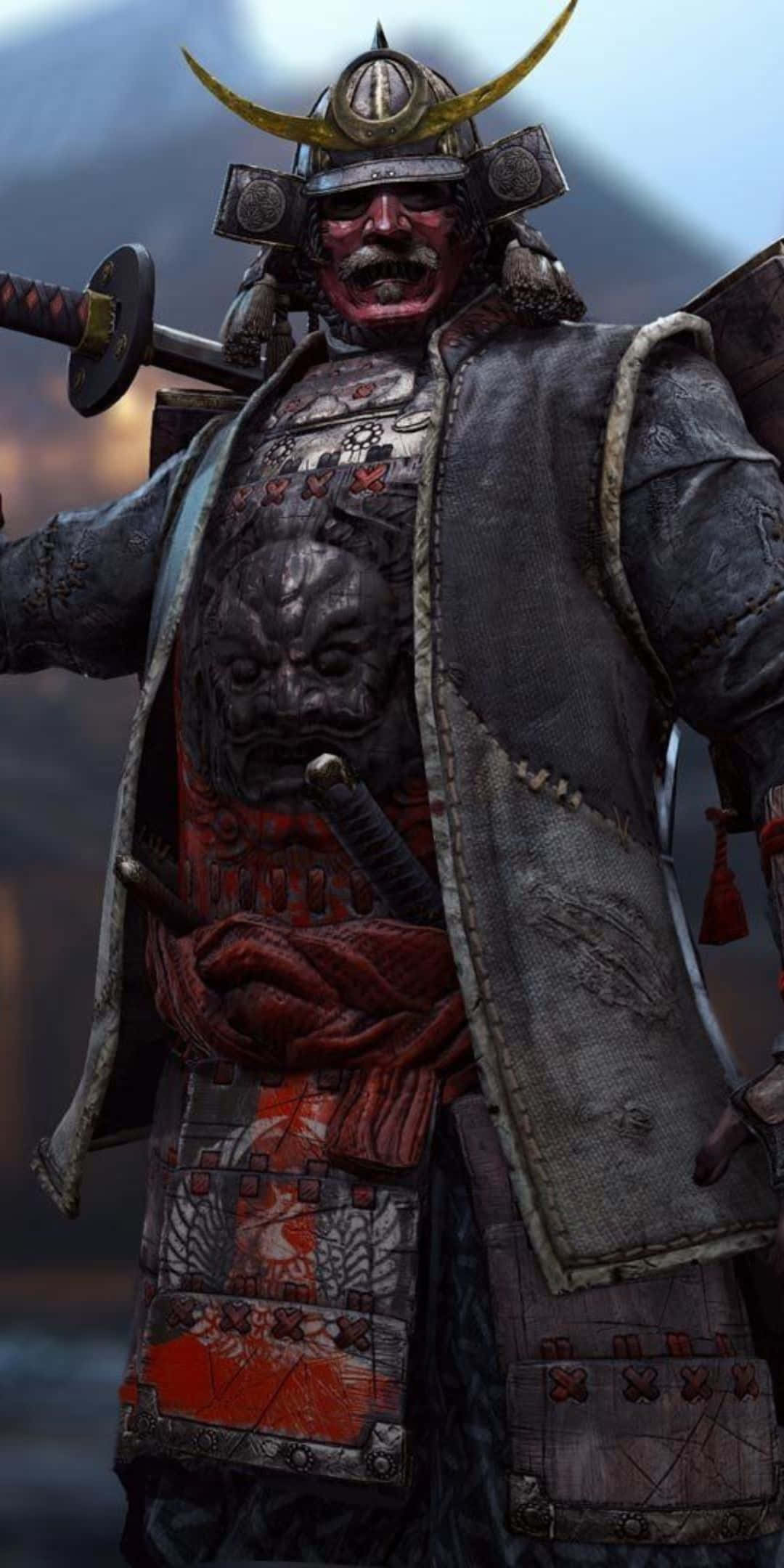 For Honor 電子藝術背景：武士 Kensei 持大刀，重甲威武 壁紙 — 一位兇猛的武士戰士，身穿華麗盔甲，紅臉金角頭盔，準備戰鬥。