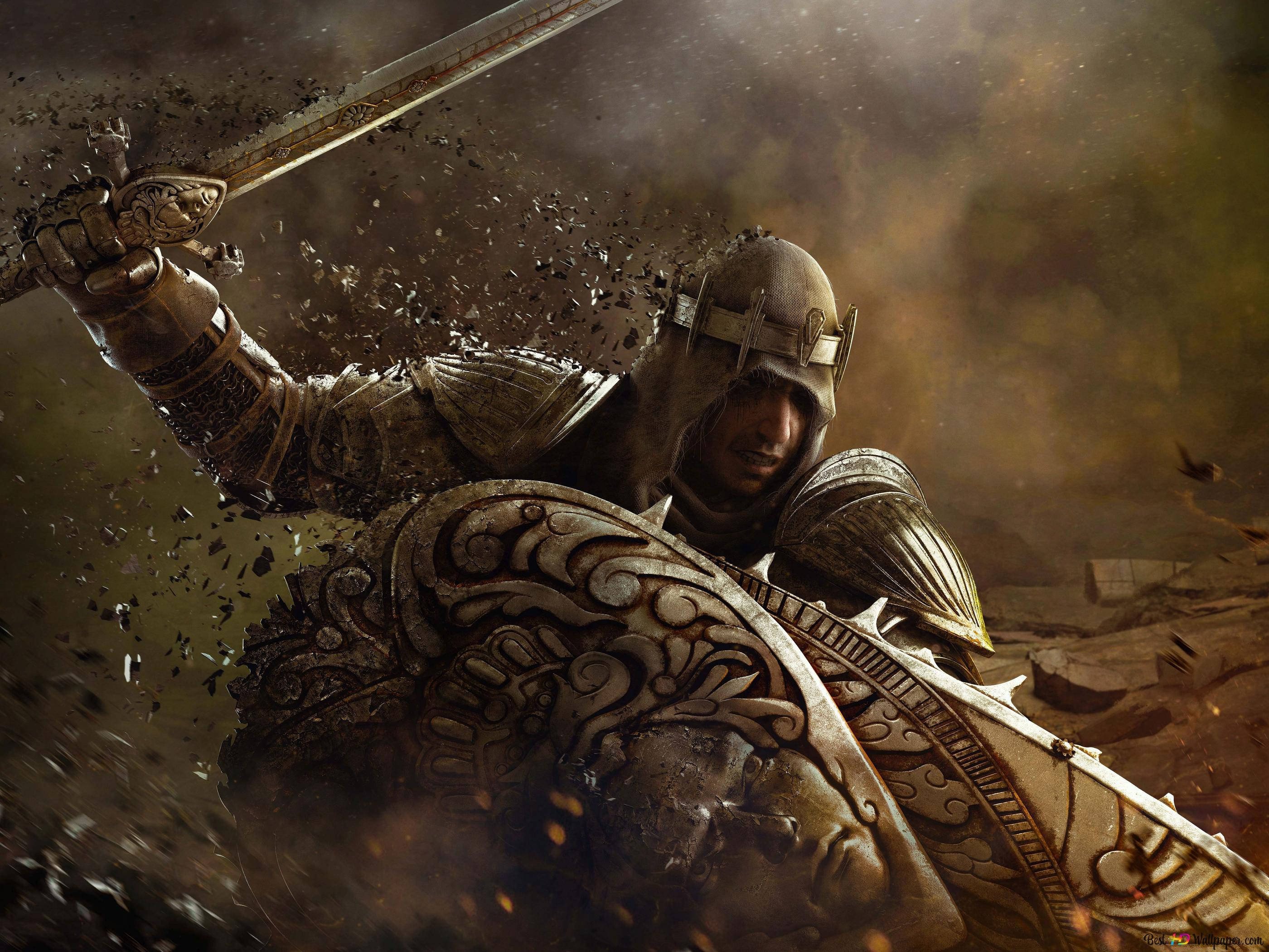 《For Honor》征服者「沃提格爾」 壁紙 — 一位身穿華麗盔甲的騎士，在飛揚的碎片和金色塵埃中，手持劍和盾牌向前衝鋒。