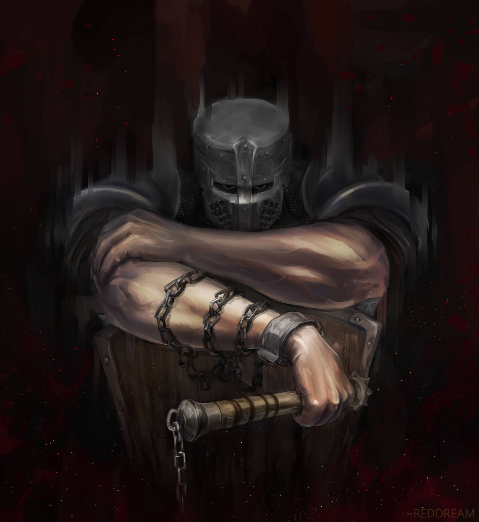 《For Honor》征服者俯首數位藝術 壁紙 — 一個陰沉的騎士穿著暗色盔甲，被鎖鏈綁在木柱上，背景是血紅色，雙臂交叉，散發出無聲的挑釁。