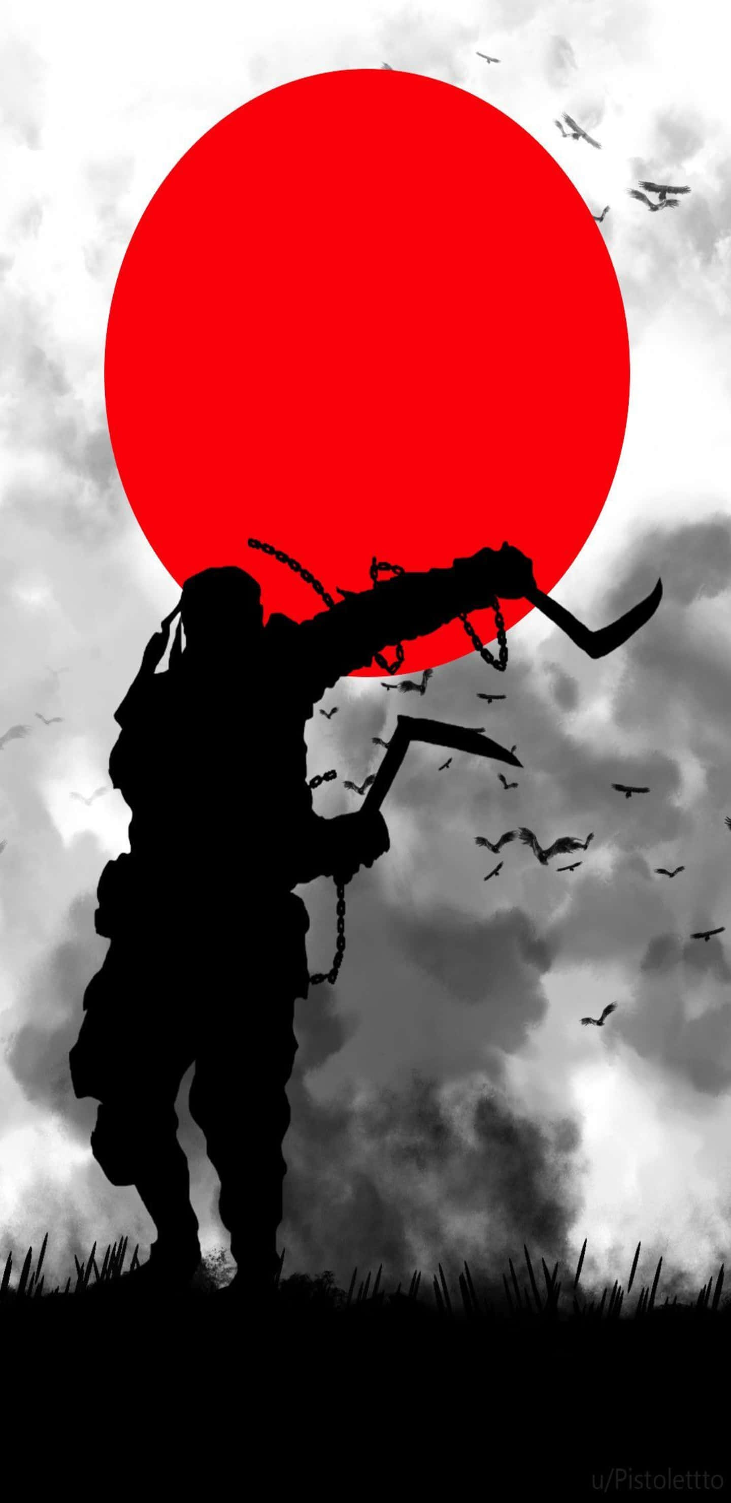 For Honor 忍者旭日背景 (Pixel 3xl) 壁紙 — 一個戰士剪影揮舞著彎曲的刀刃，背景是鮮紅的太陽、飛鳥和暴風雲。