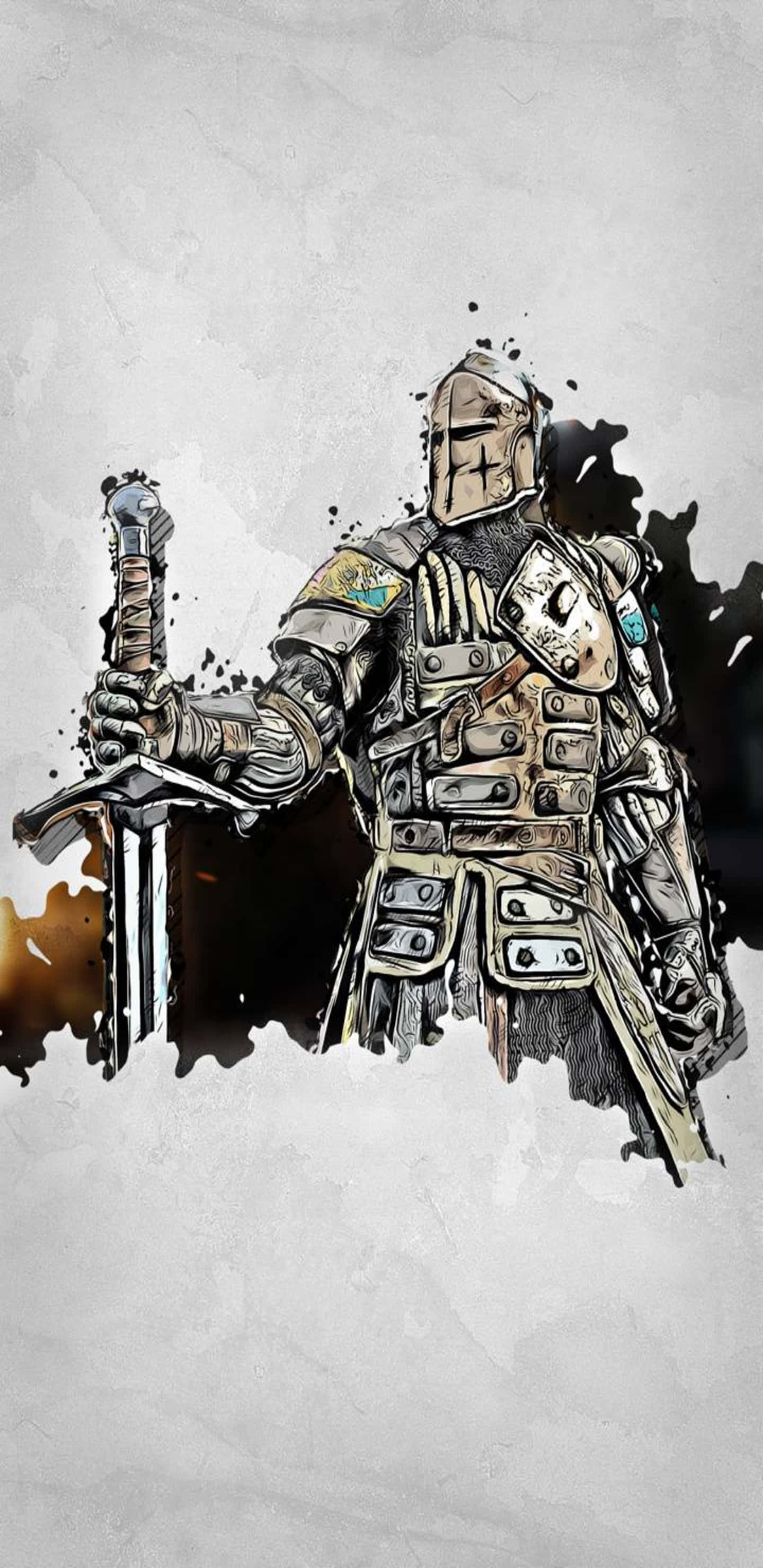 For Honor 獵人英雄戰場背景 (Pixel 3xl) 壁紙 — 一位身穿精細盔甲的騎士，在帶有深色墨水飛濺的紋理灰色背景上持劍。
