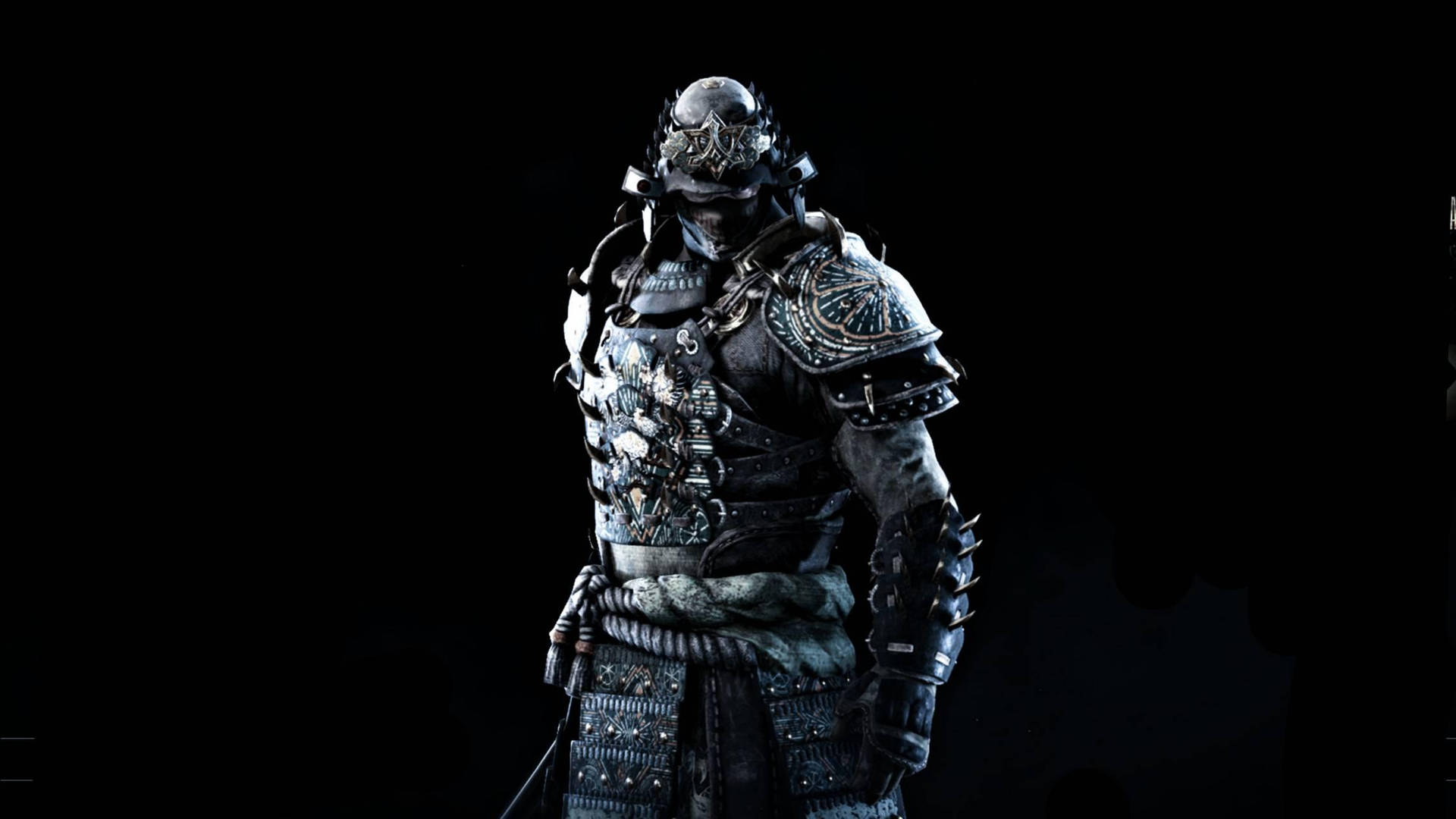 For Honor 遊戲 Orochi 黑白風 壁紙 — 一位身穿華麗盔甲、被暗光照亮的武士戰士，莊嚴地站在黑色虛空中，藍色發光點綴突顯出精緻細節。