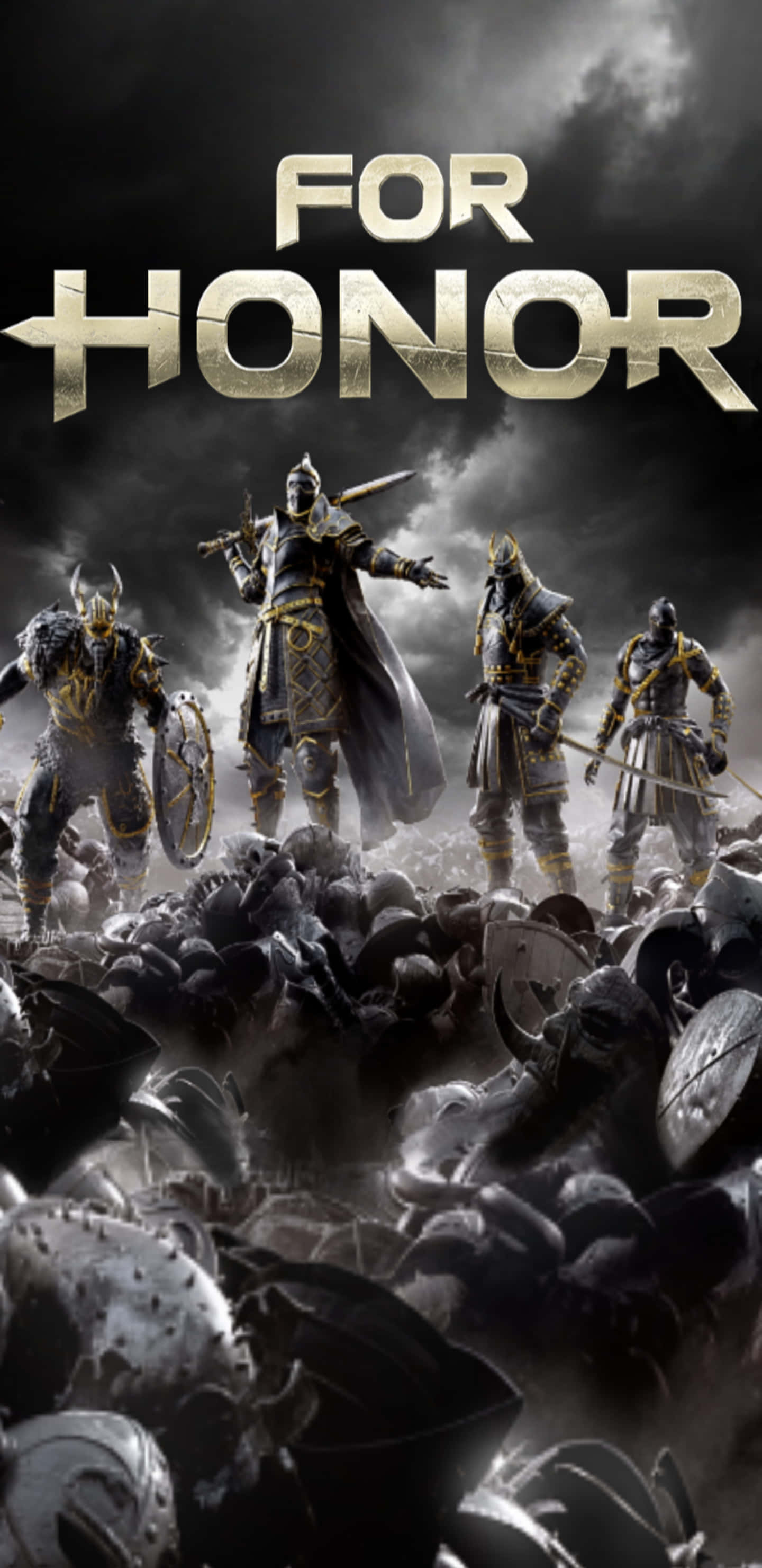For Honor 阿波利翁遺產活動背景 (Pixel 3xl) 壁紙 — 四名身穿盔甲的戰士站在一堆倒下的頭盔和盾牌上，天空風起雲湧，上方閃耀著「For Honor」的標題。
