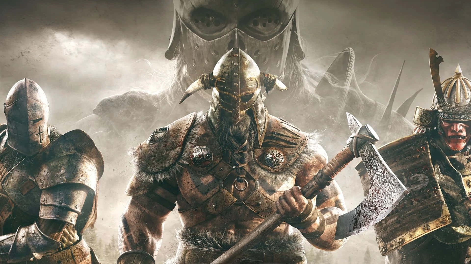 《For Honor》1080p 背景：持斧的維京戰士 壁紙 — 三名身穿盔甲的戰士在暴風雨戰場上挑釁地站立，其中一人揮舞著斧頭，在一個逼近的幽靈巨人之下。