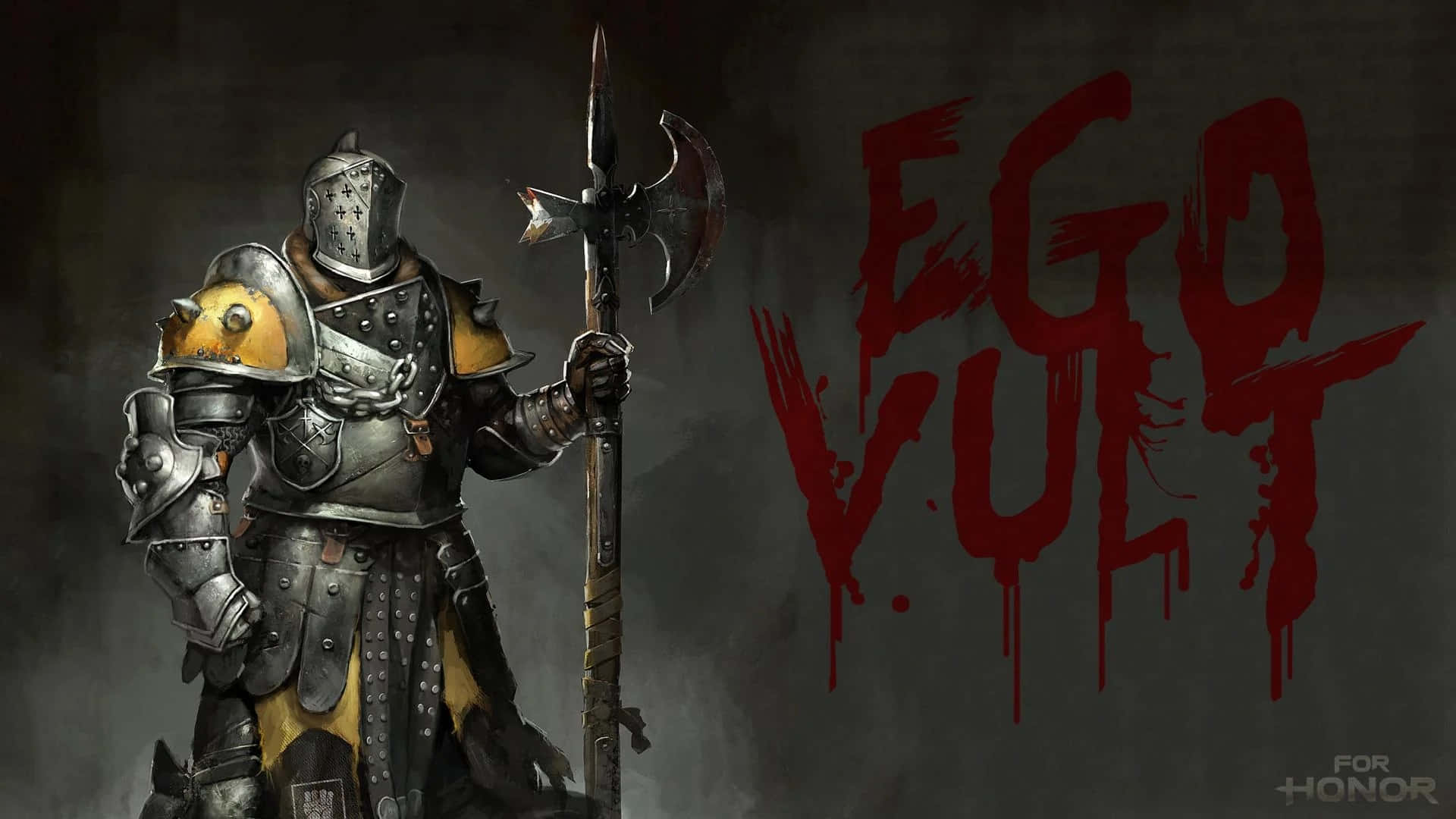 《For Honor》1080p 背景：Ego Vult 文字 壁紙 — 一位身穿華麗銀色和金色盔甲的騎士，在黑暗背景下握著戰斧，上面有滴血的紅色字母「EGO VULT」。