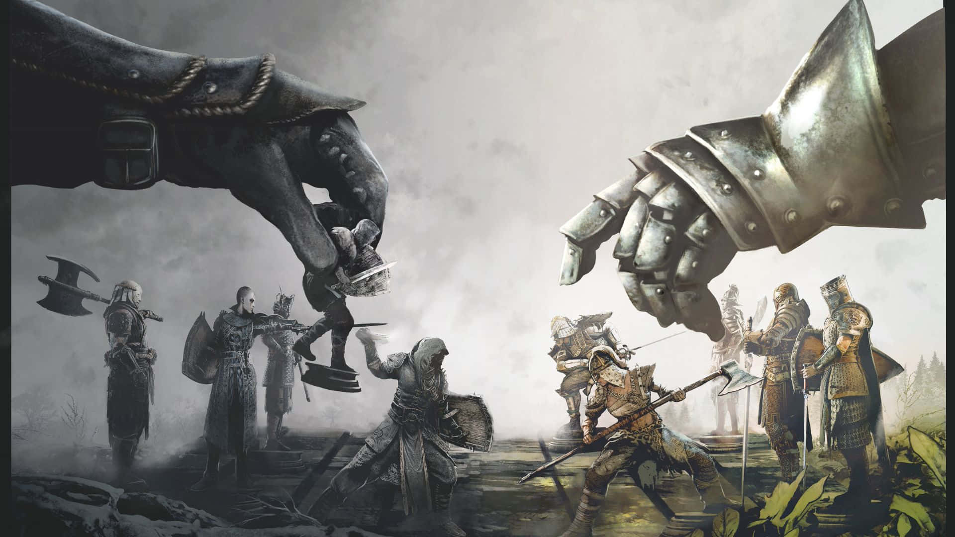 《For Honor》1080p 背景：戰士如棋子 壁紙 — 兩隻巨大的裝甲手籠罩在戰場上空，小戰士們在戲劇性的奇幻場景中交戰。