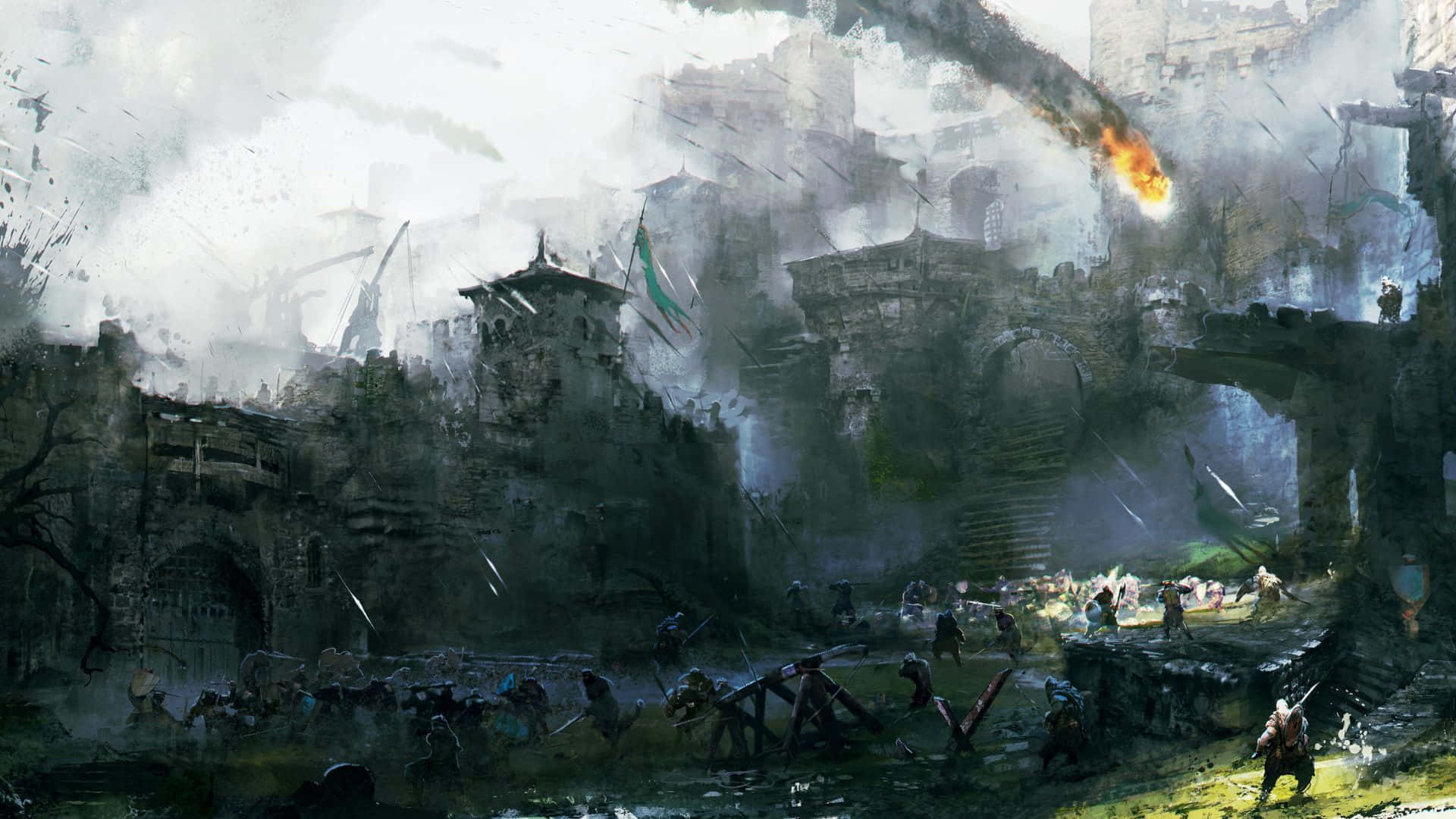 《For Honor》1080p 背景：城堡被圍攻畫作 壁紙 — 一場混亂的中世紀圍城戰展開，士兵們在煙霧瀰漫的灰色天空下，於一座 crumbling 堡壘前交戰。
