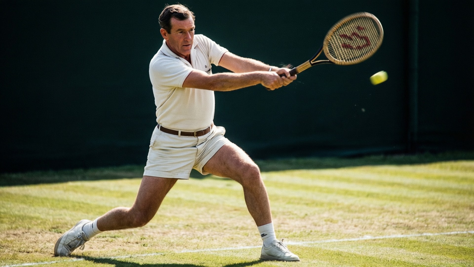 Tennis player hitting a ball on grass court in bright sunlight. 壁紙