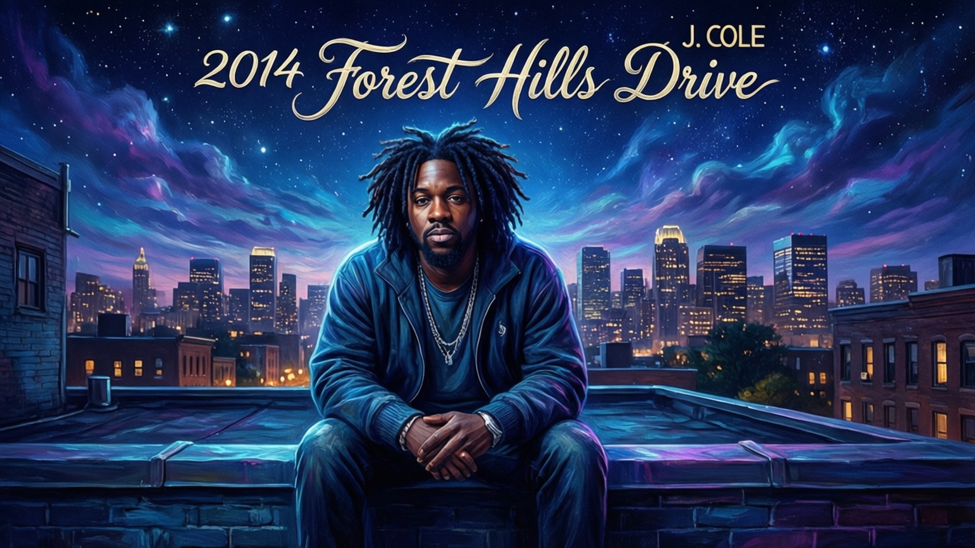 J Cole 夜晚坐在屋頂上，背後是城市天際線和星空。