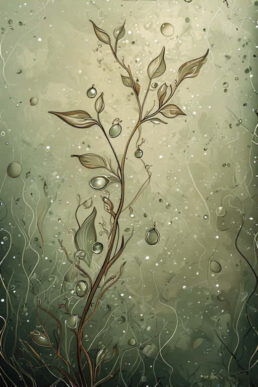 一種帶有氣泡和漩渦線條的水下植物，呈現綠色和棕色色調。