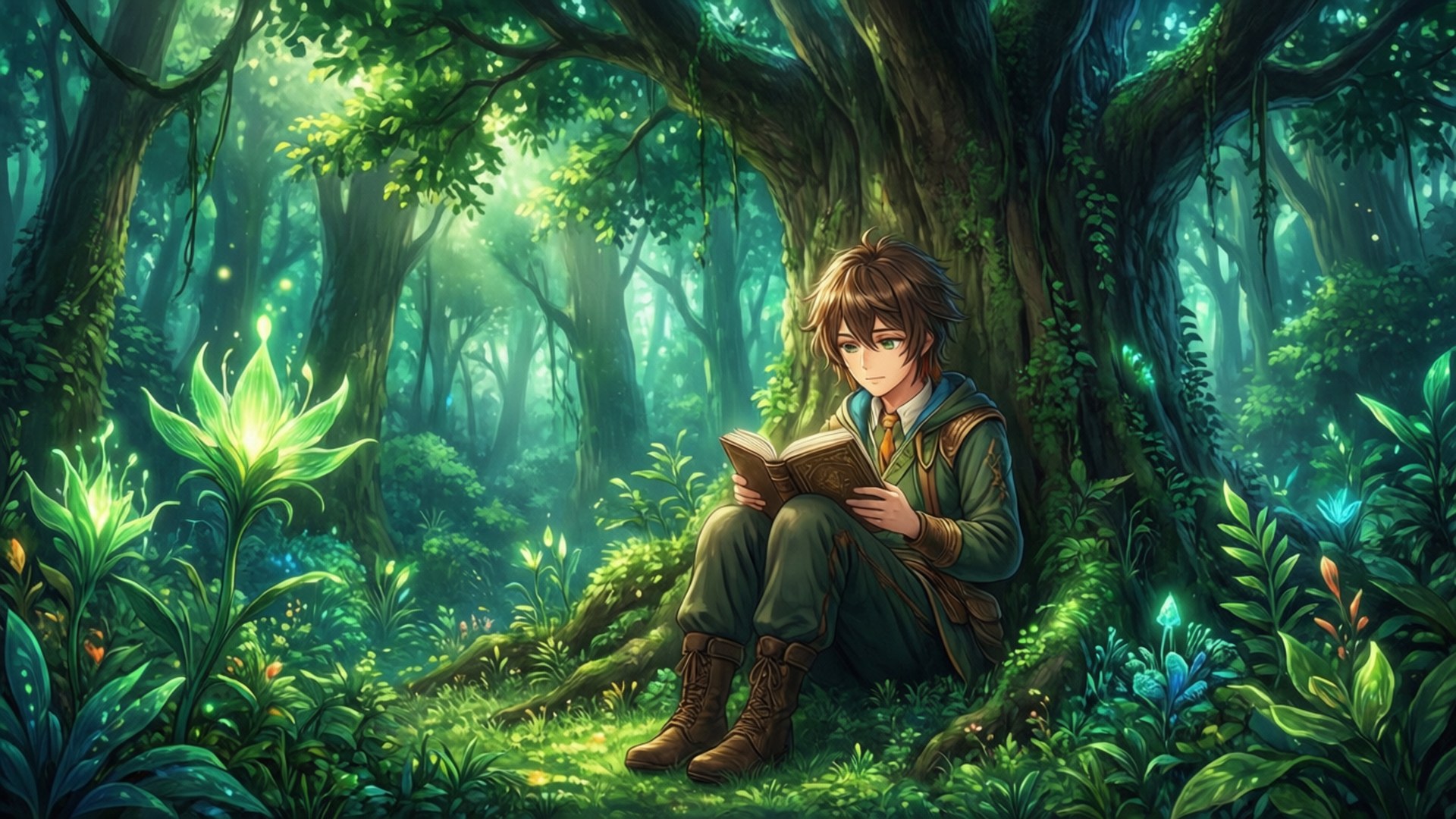年輕男孩在發光的魔法森林中讀書