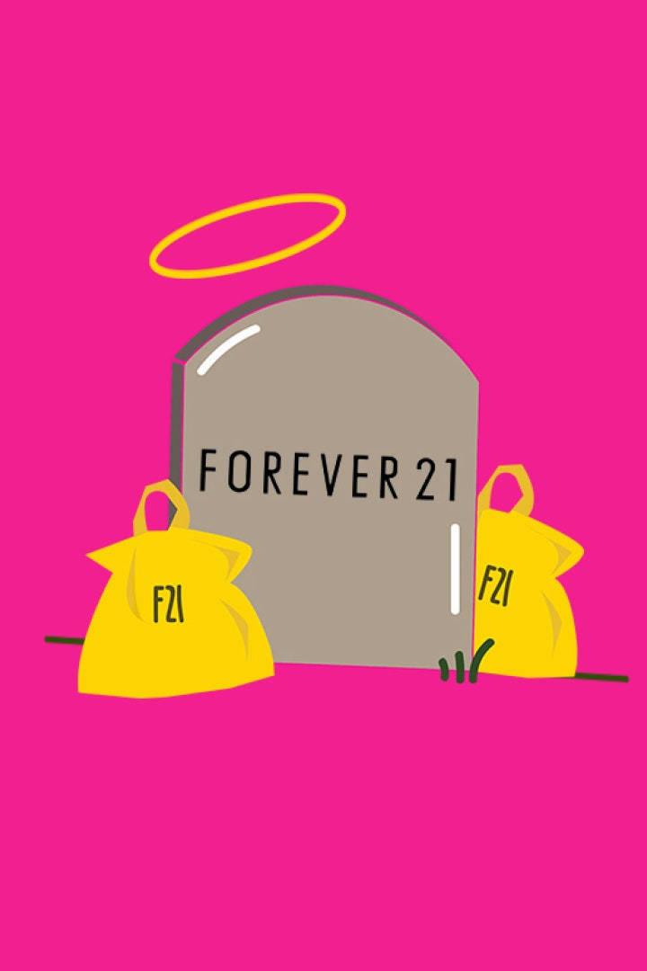 Forever 21 創意圖案 壁紙 — 一個墓碑上刻有「FOREVER 21」，上方有一個黃色光環，兩側有兩個黃色F21購物袋，背景為亮粉紅色。