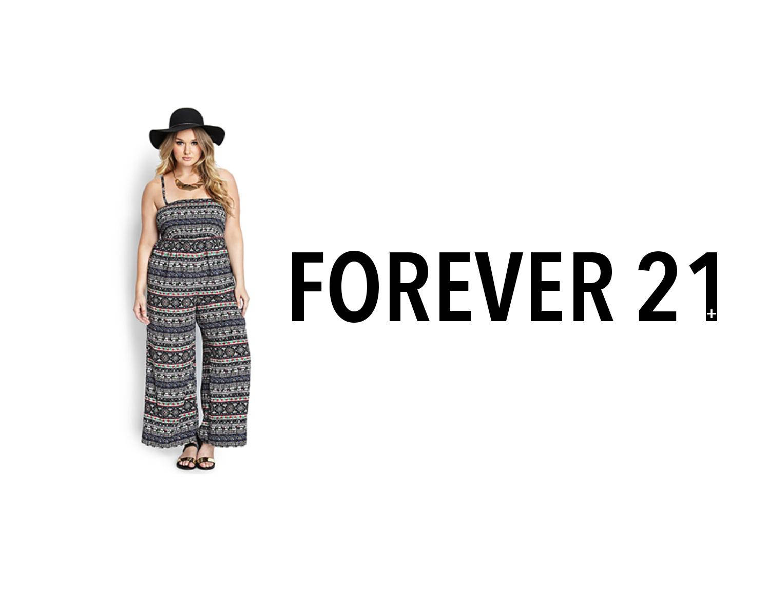 Forever 21 時尚品牌海報 壁紙 — 一位身穿圖案連身褲和黑色帽子的女性，站在白色背景上粗體黑色Forever 21文字旁。