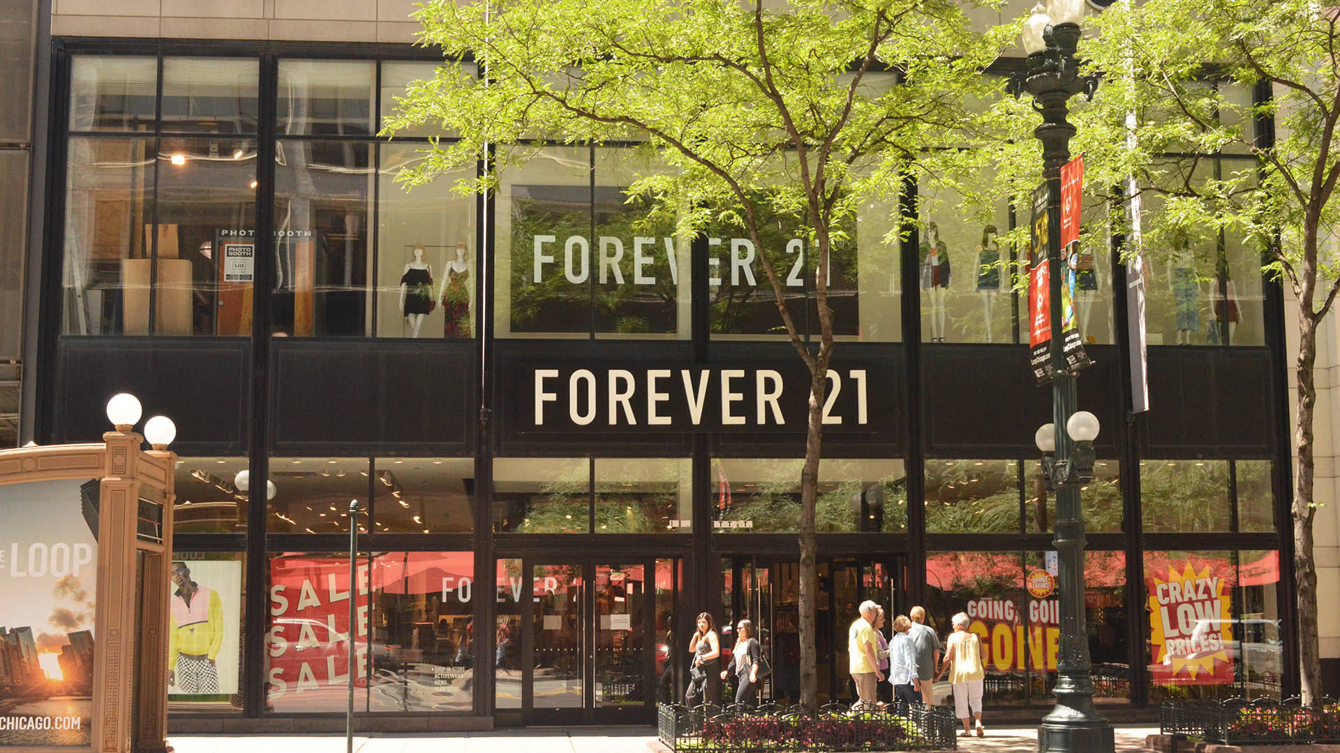 Forever 21 服裝連鎖店 壁紙 — 陽光明媚的城市街景，Forever 21 商店的玻璃櫥窗展示著人體模型和促銷標誌，周圍環繞著綠樹和行人。