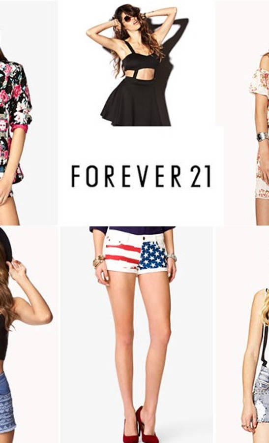 Forever 21 服飾品牌海報 壁紙 — 六位女模特兒在純色背景前展示時尚夏日服裝的拼貼畫，包括花卉上衣和美國國旗短褲。