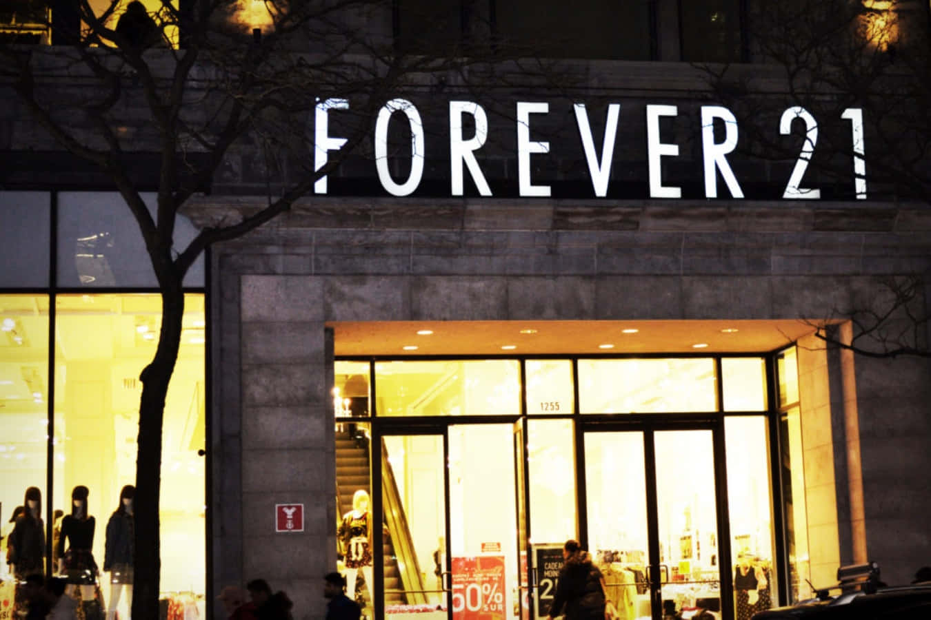 Forever 21 肩帶連衣裙 — 衣櫥必備品！ 壁紙 — 夜晚燈火通明的Forever 21商店，發光的窗戶和樹木剪影映襯在石頭外牆上。