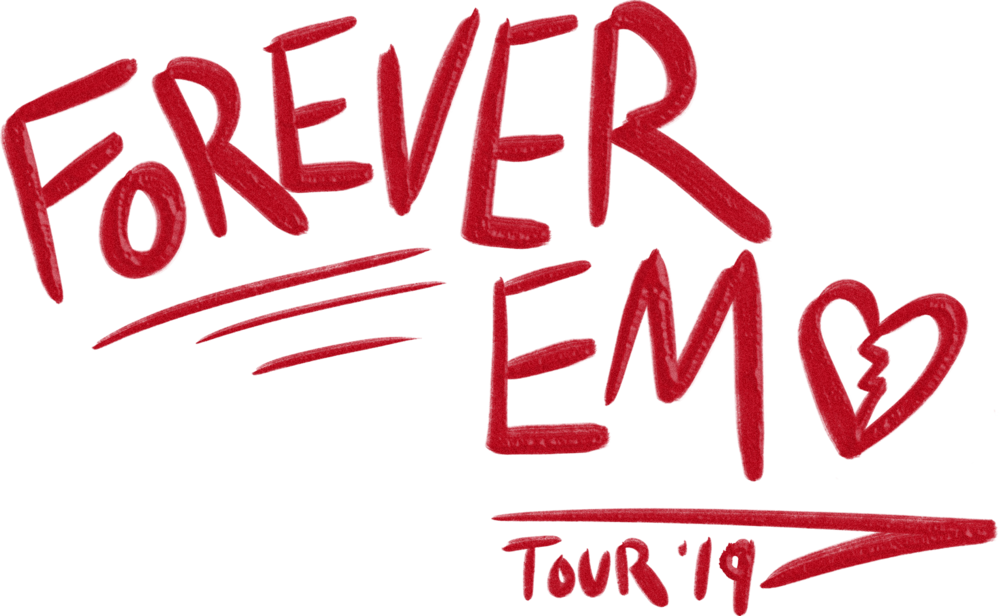 Forever Emo 巡迴演出圖案 壁紙 — 粗體紅色手寫文字寫著「FOREVER = EM0」，附有破碎的心和「TOUR '19」，背景為黑色。