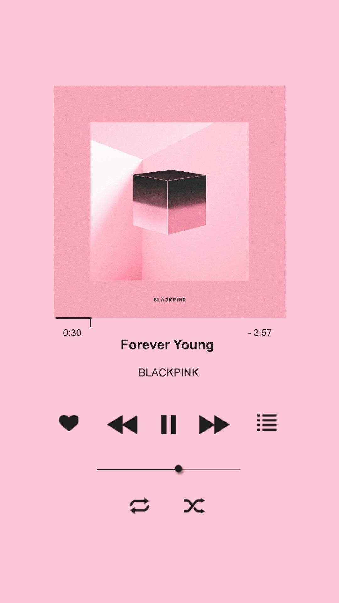 粉色音樂播放器顯示BLACKPINK的Forever Young，帶有黑色立方體專輯藝術。
